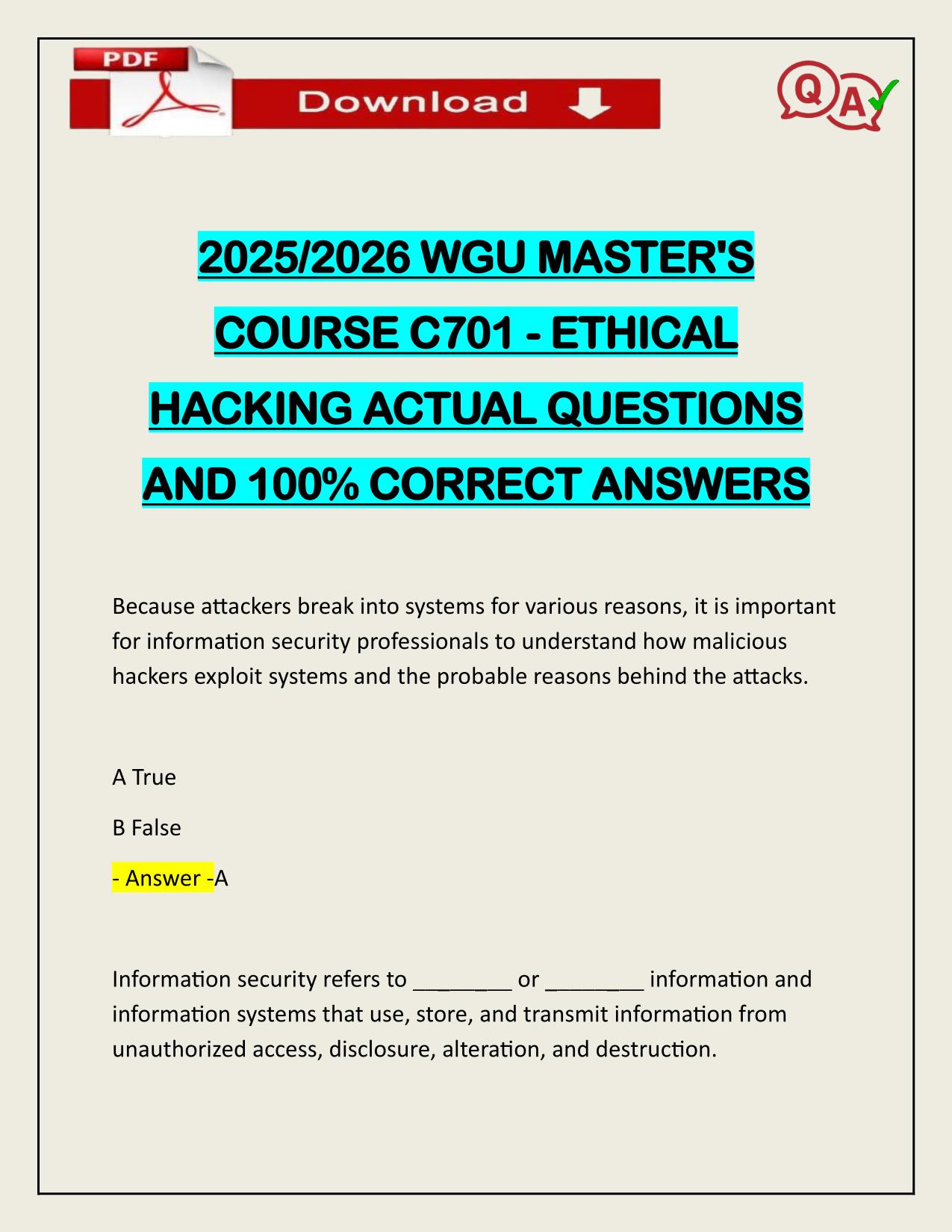 2025/2026 WGU MASTER'S COURSE C701 - ETHICAL HACKING