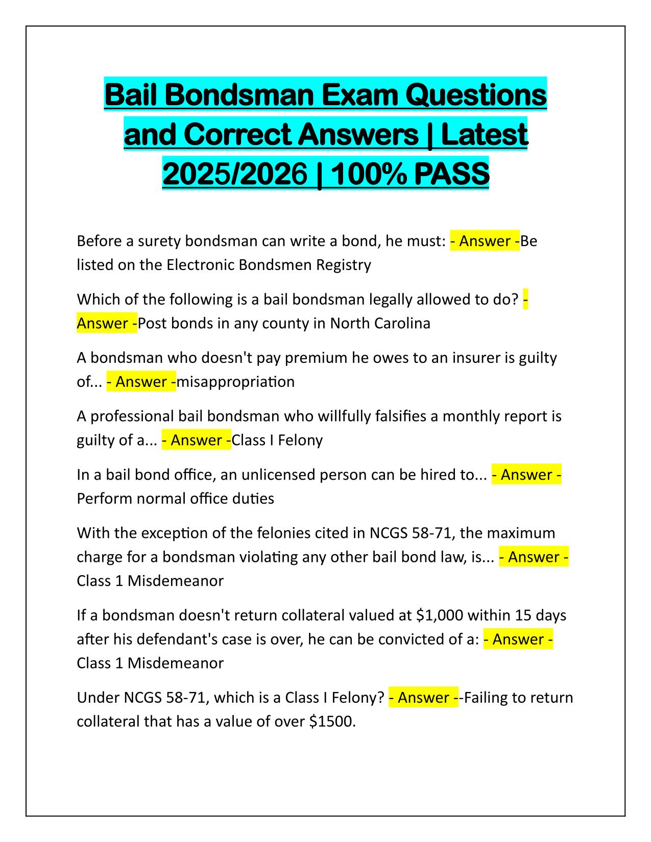 Bundle for Bail Bondsman Exams Q&A Latest Update 20252-2026 Updated