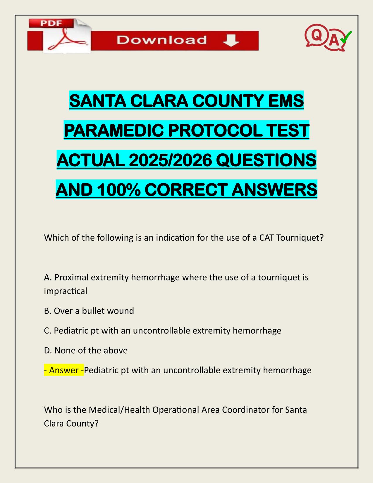 SANTA CLARA COUNTY EMS PARAMEDIC PROTOCOL TEST ACTUAL 2025/2026