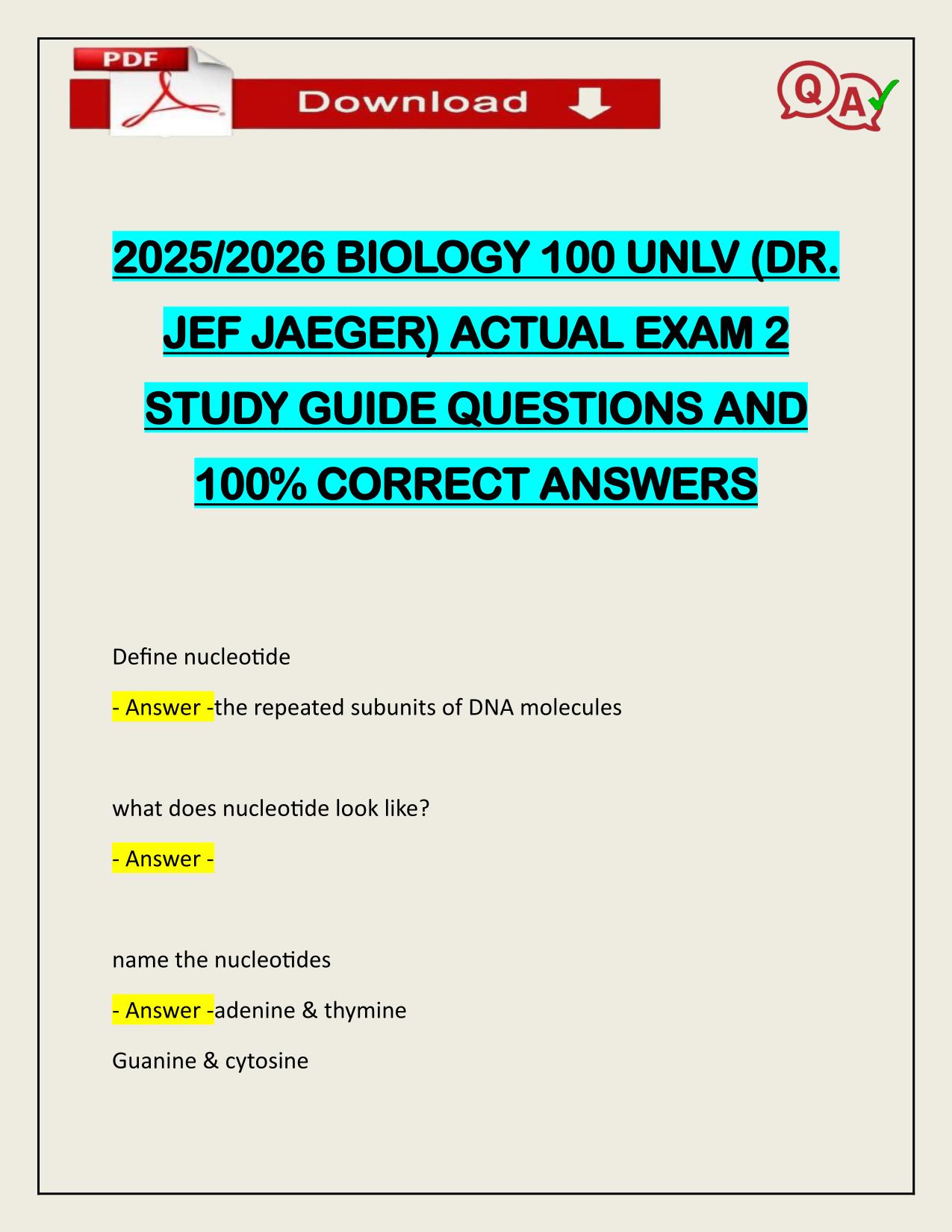 2025/2026 BIOLOGY 100 UNLV (DR. JEF JAEGER) ACTUAL EXAM 2 STUDY GUIDE