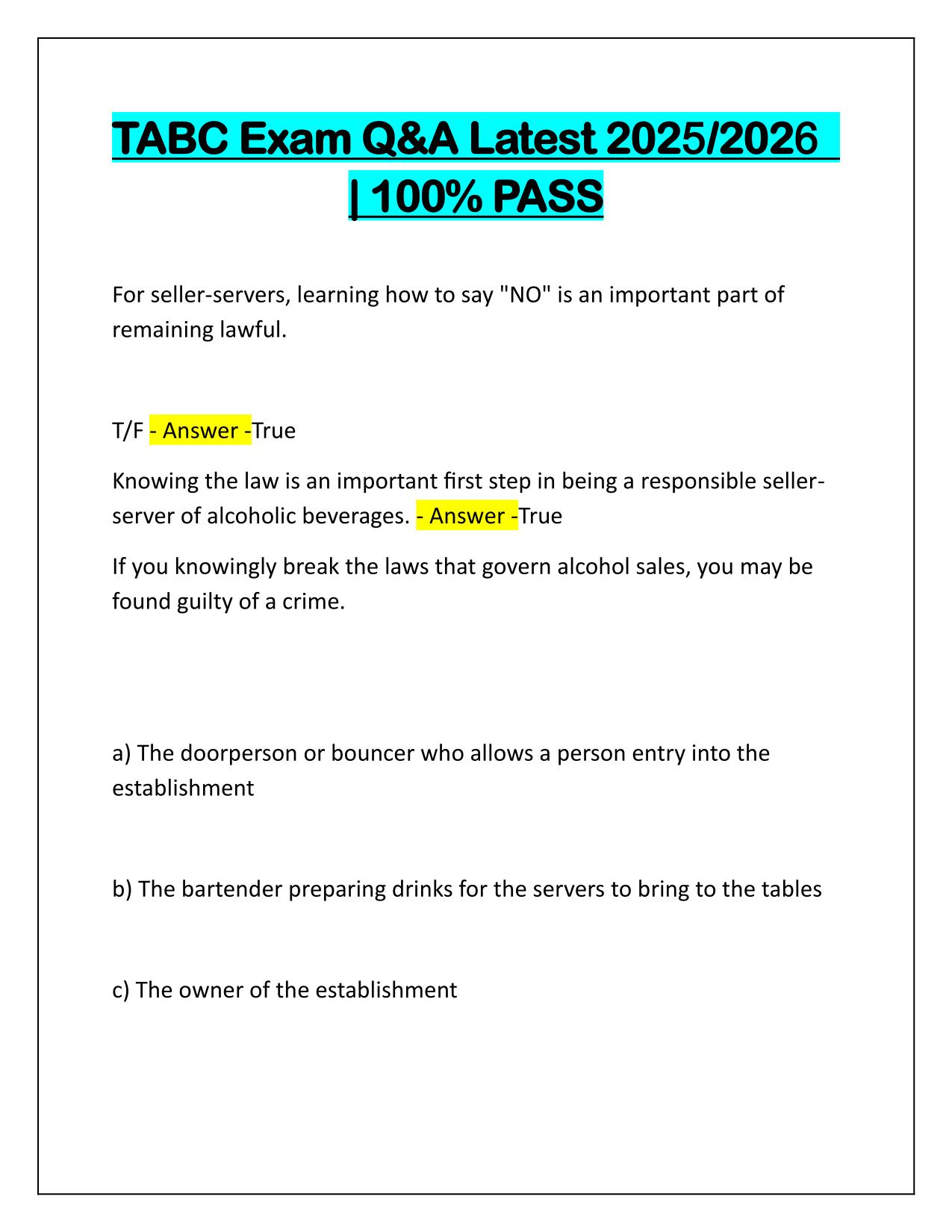 TABC Exam Q&A Latest Update 2025-2026