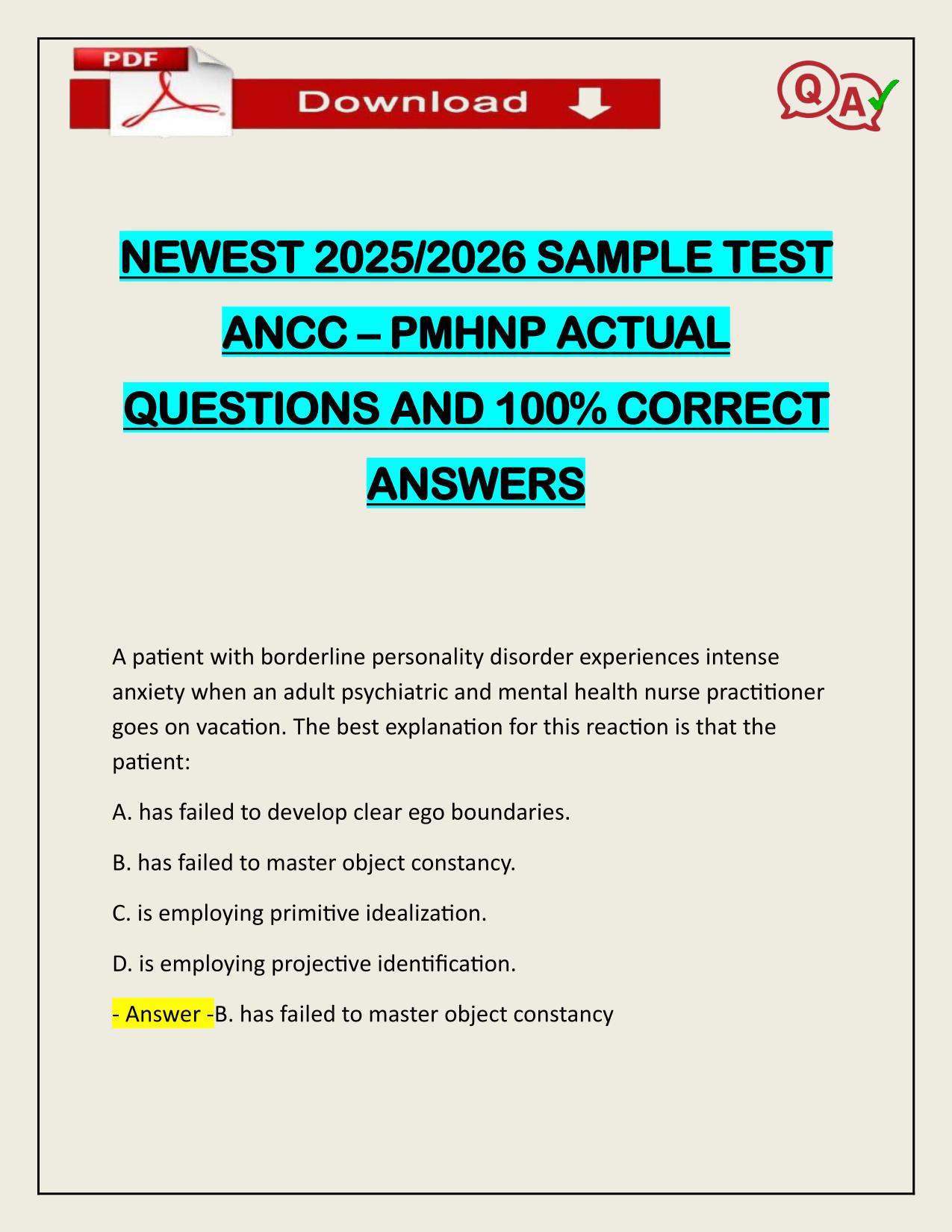 NEWEST 2025/2026 SAMPLE TEST ANCC – PMHNP ACTUAL TEST