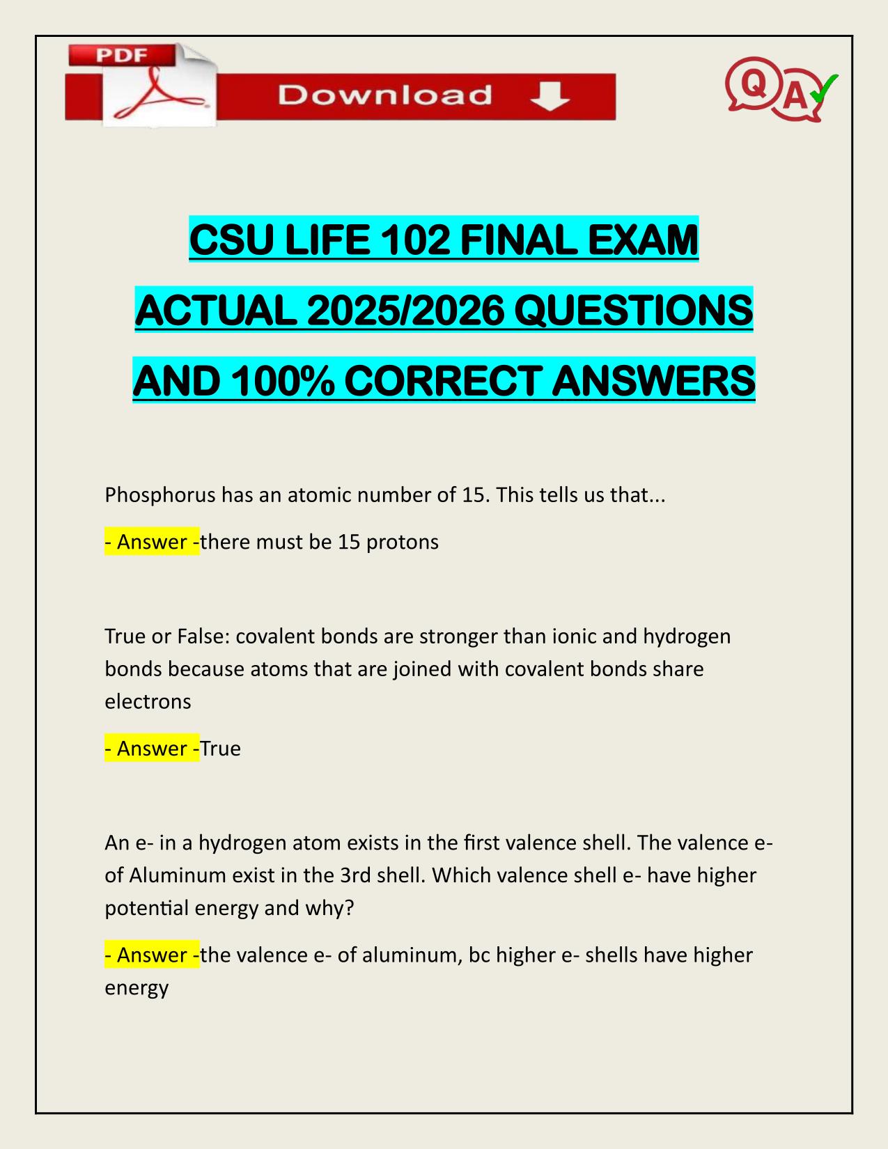 CSU LIFE 102 FINAL EXAM ACTUAL 2025/2026 WITH CORRECT ANSWERS