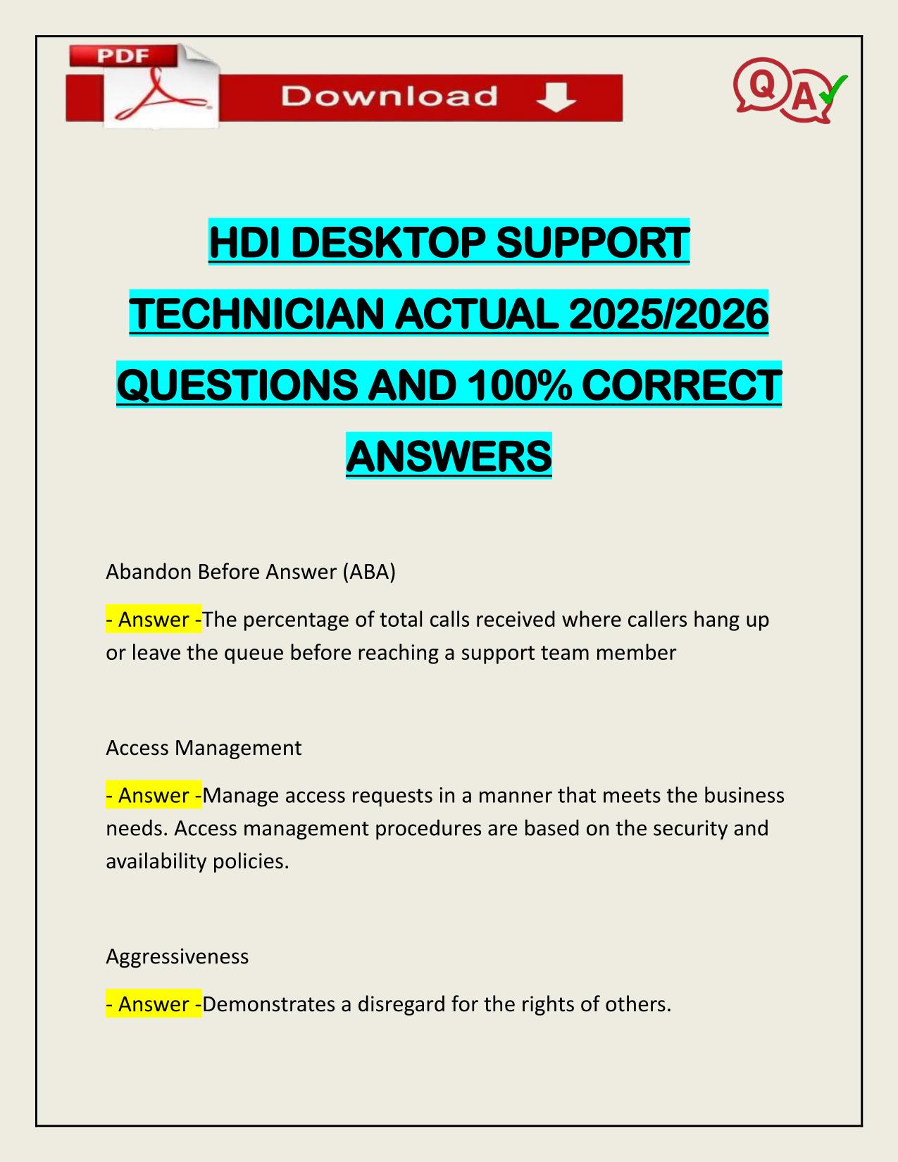 HDI DESKTOP SUPPORT TECHNICIAN ACTUAL 2025/2026 UPDATED
