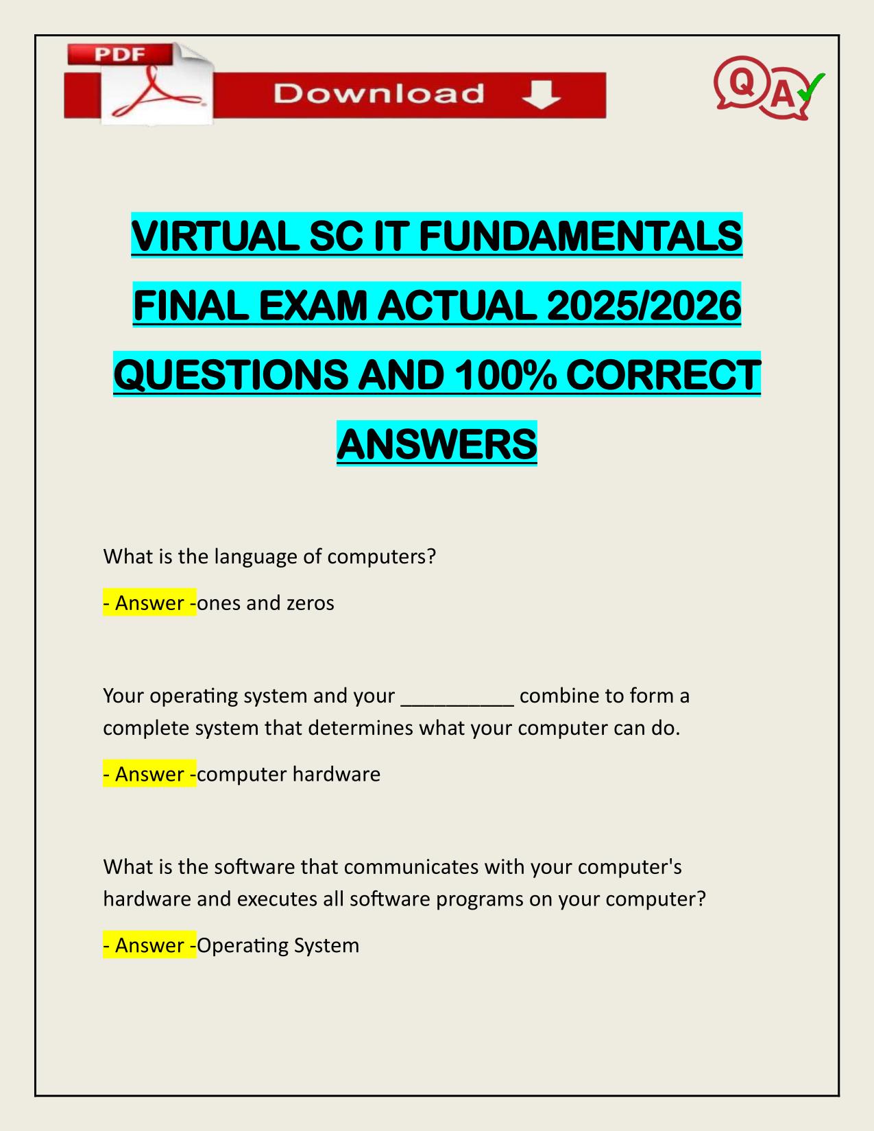 VIRTUAL SC IT FUNDAMENTALS FINAL EXAM ACTUAL 2025/2026 QUESTIONS AND 100% CORRECT ANSWERS