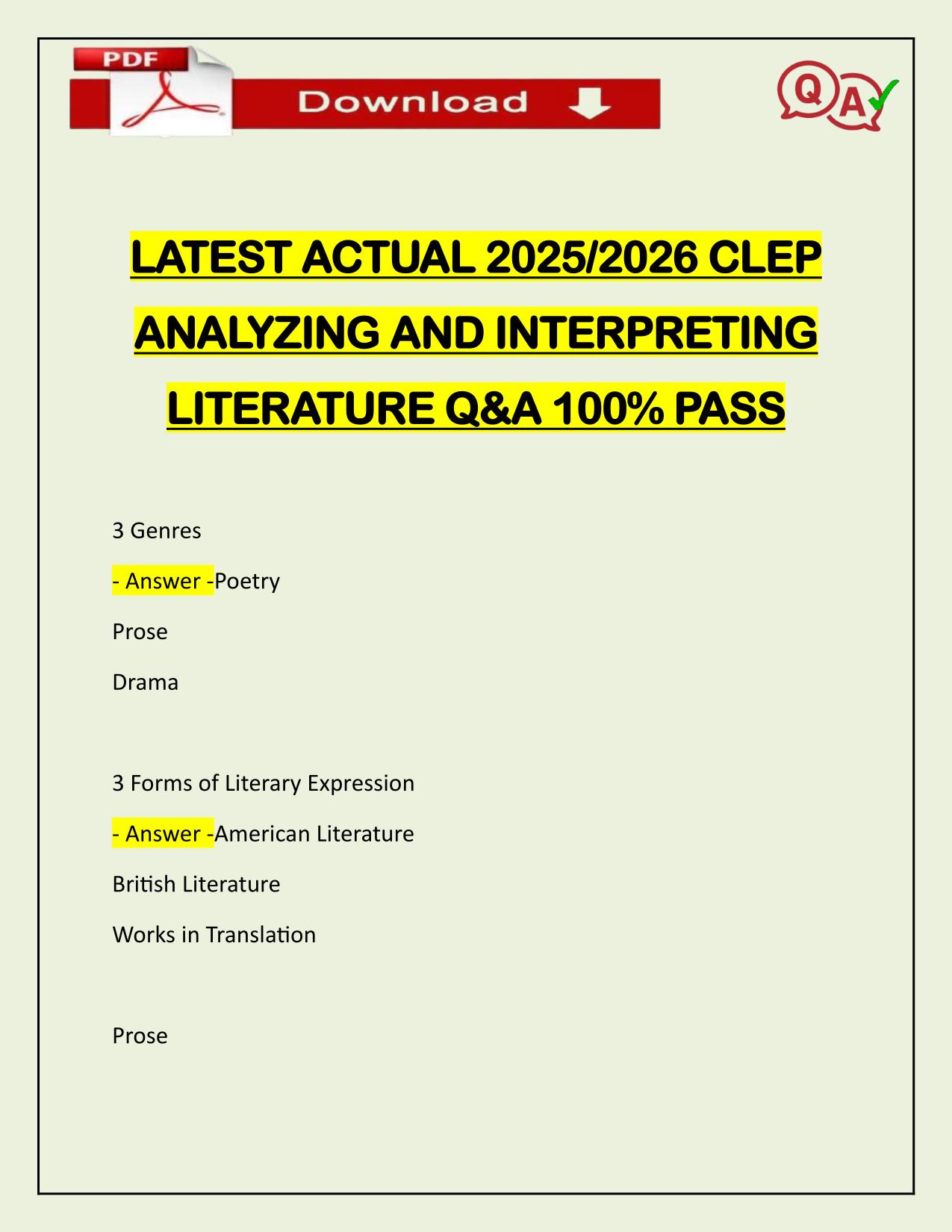 LATEST ACTUAL 2025/2026 CLEP ANALYZING AND INTERPRETING LITERATURE Q&A 100% PASS
