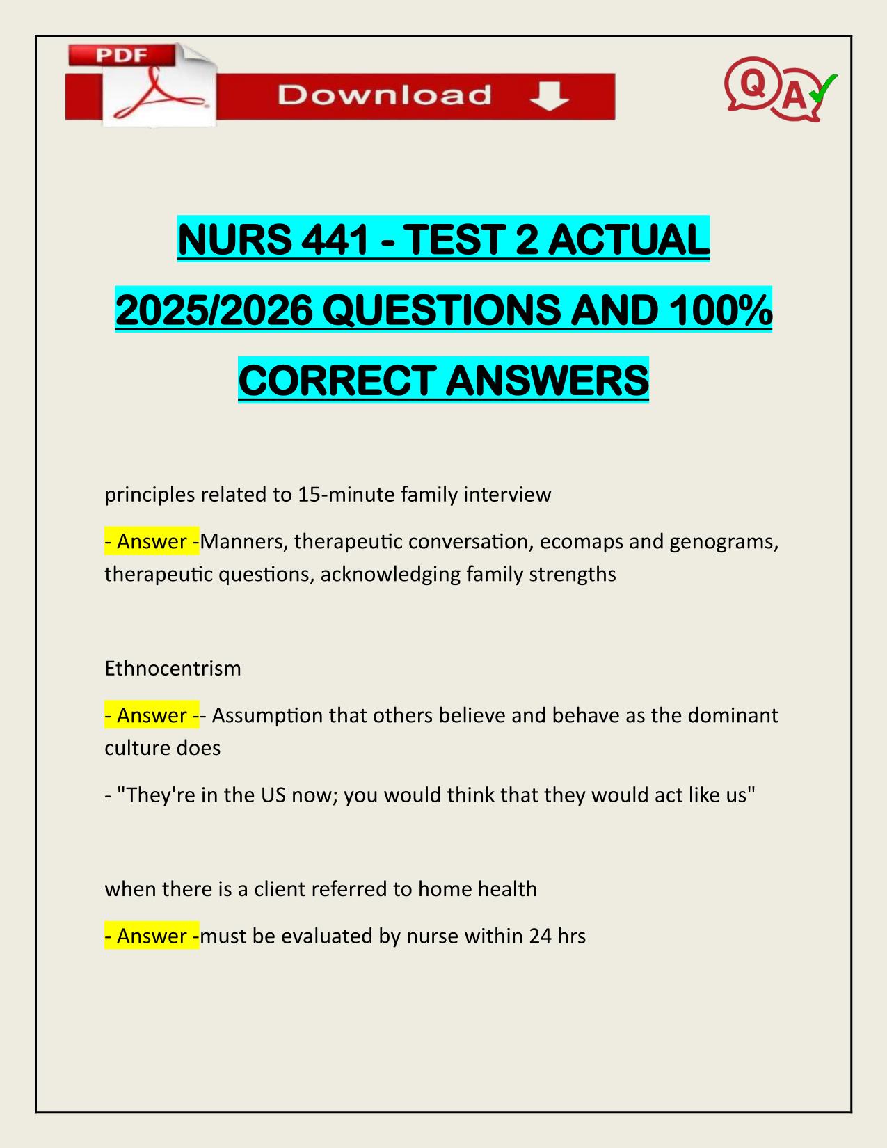 NURS 441 - TEST 2 ACTUAL 2025/2026