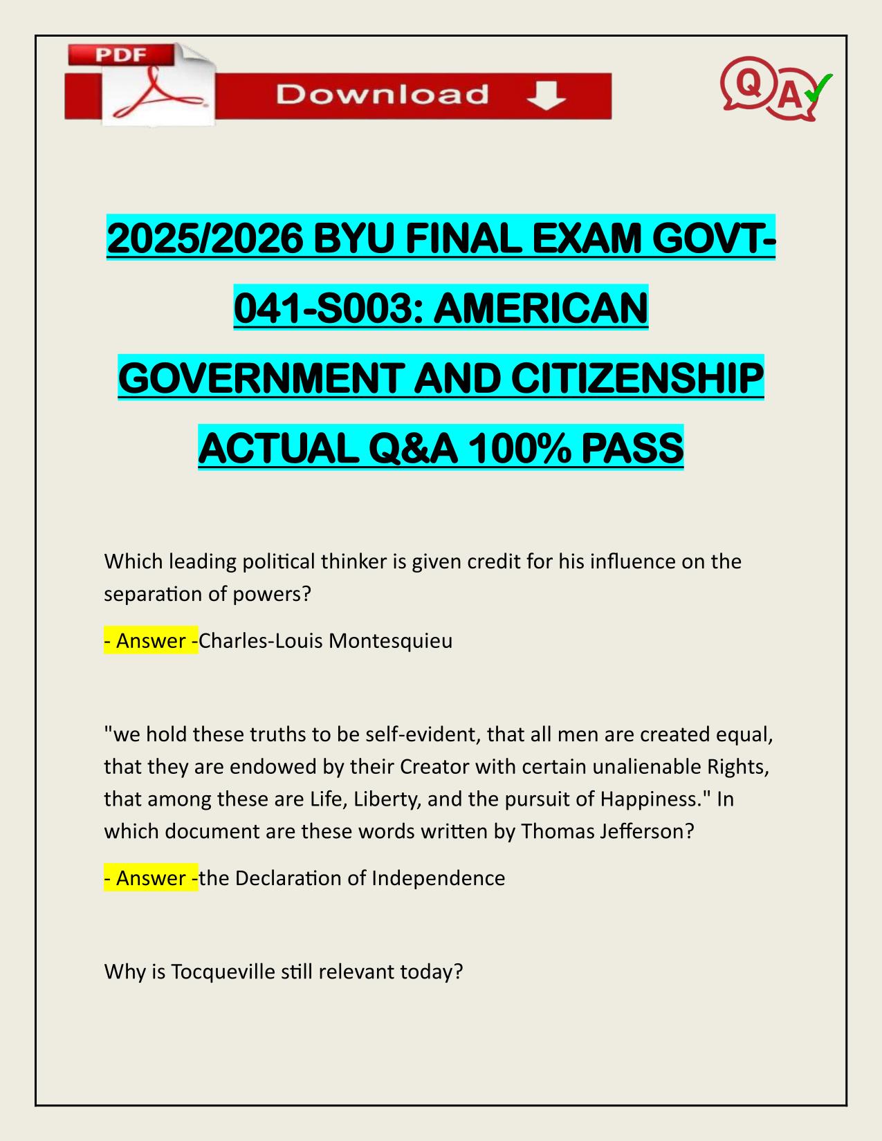 2025/2026 BYU FINAL EXAM GOVT- 041-S003: AMERICAN GOVERNMENT AND CITIZENSHIP