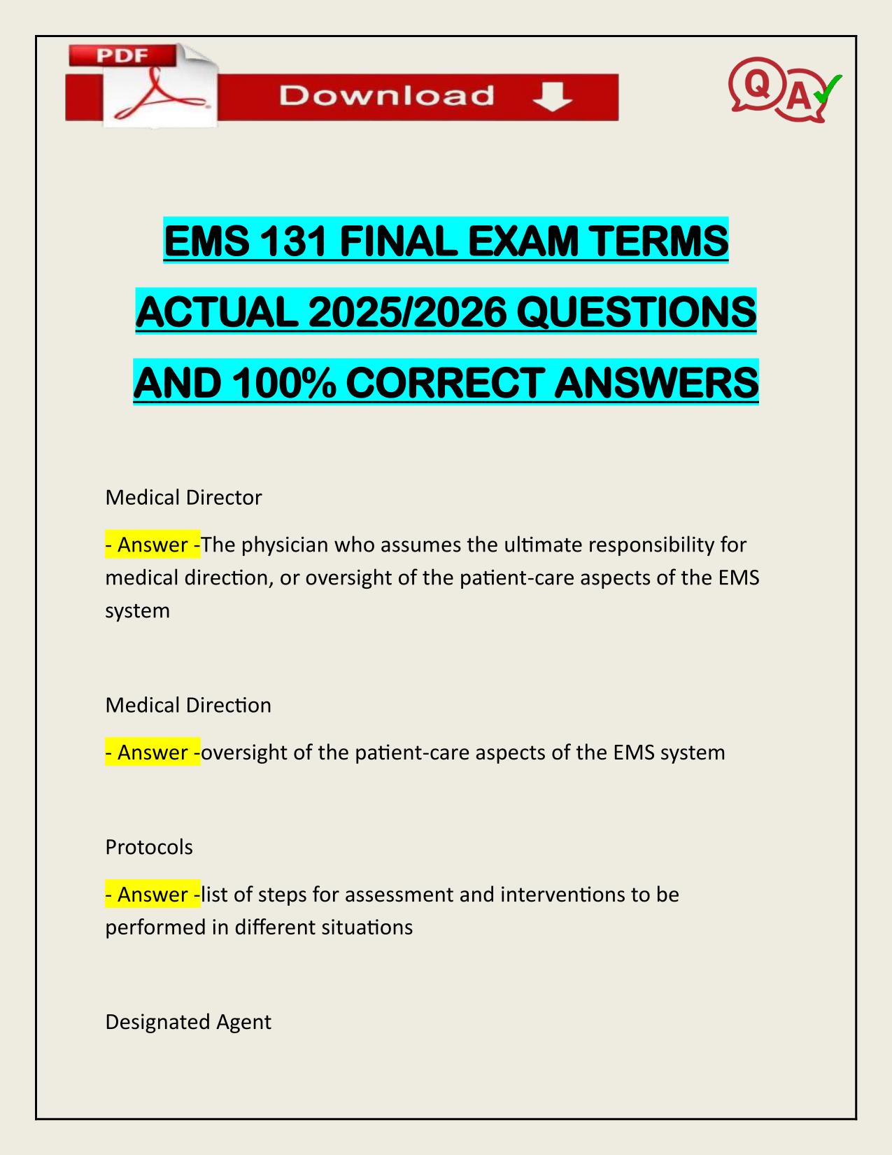 EMS 131 FINAL EXAM TERMS ACTUAL 2025/2026 Q&A