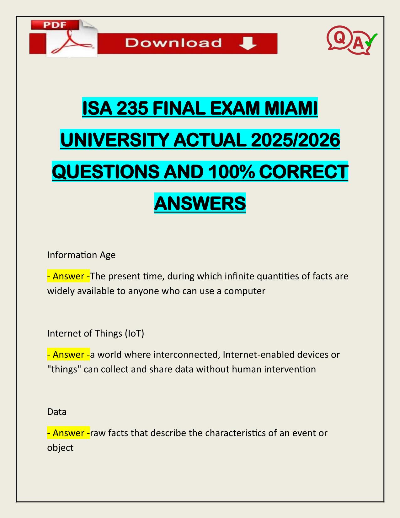 ISA 235 FINAL EXAM MIAMI UNIVERSITY ACTUAL 2025/2026