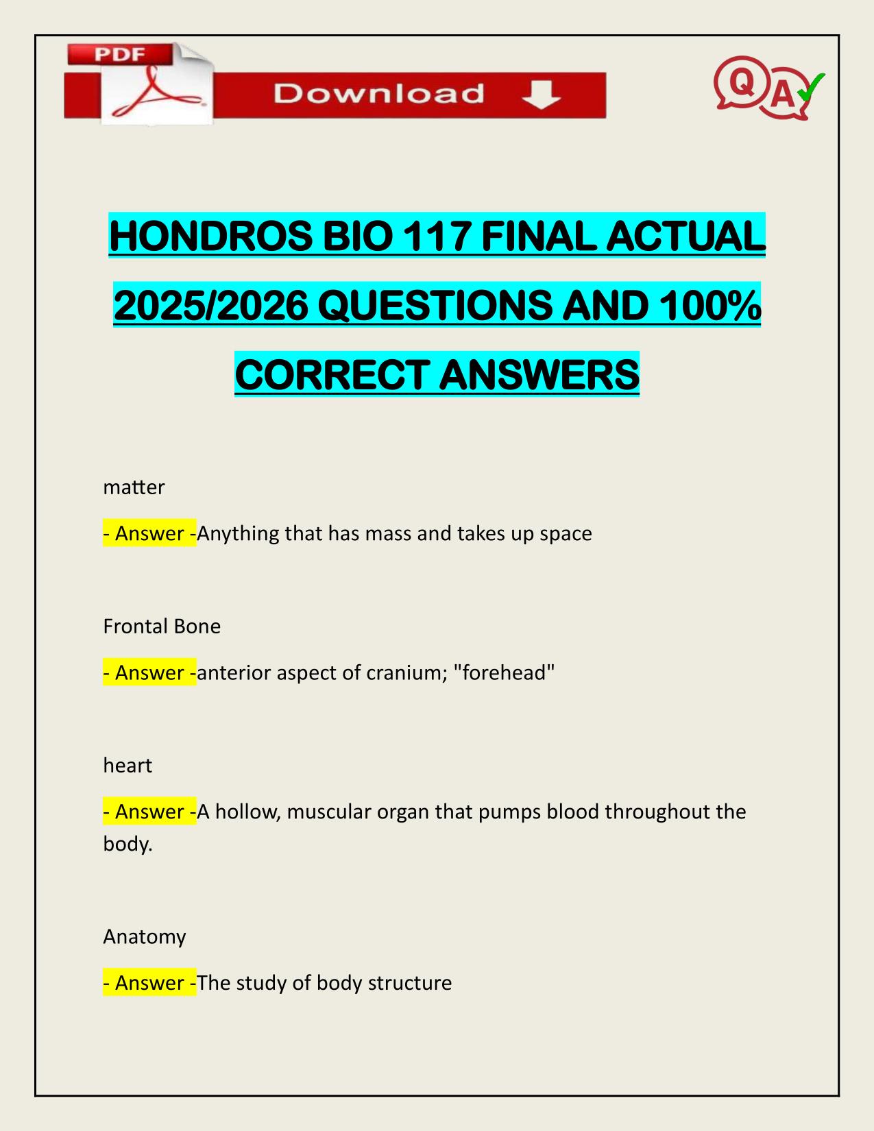 HONDROS BIO 117 FINAL ACTUAL 2025/2026 CORRECTLY ANSWERED
