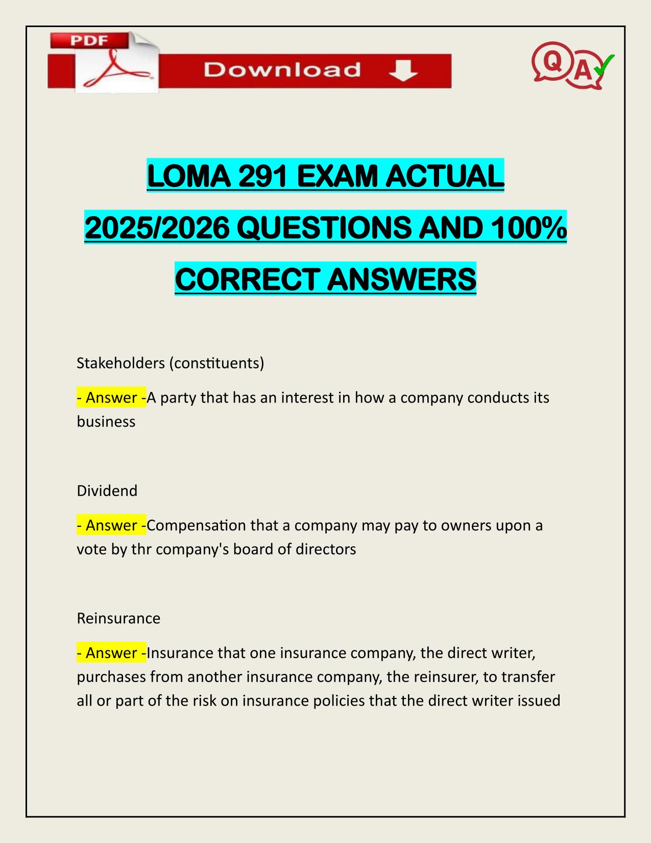 BUNDLE FOR LOMA 291 EXAMS ACTUAL 2025/2026 Q&A 100% PASS