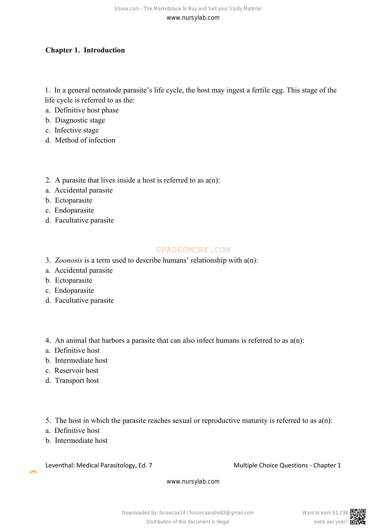 TEST BANK for Medical Parasitology A Self-Instructional Text 7th Edition by Leventhal Cheadle, All Chapters ISBN: 9780803675797