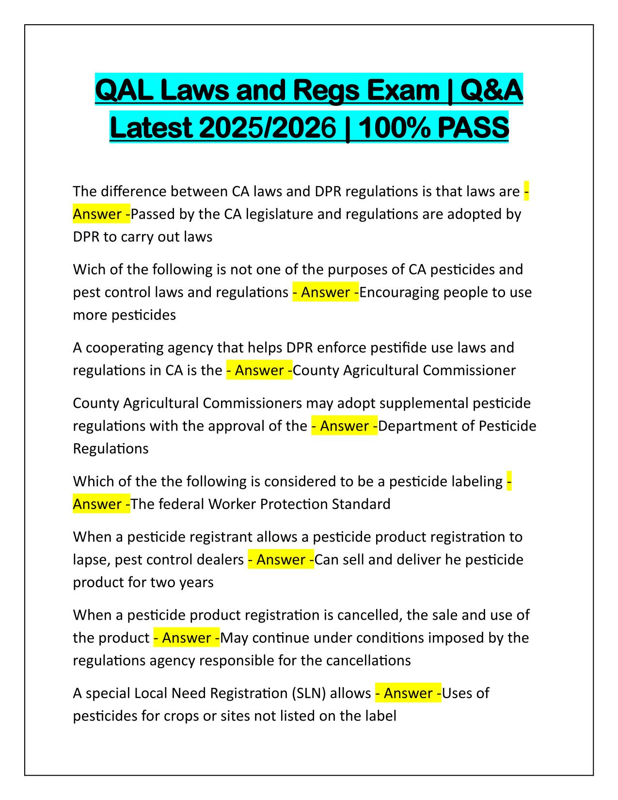 QAL Laws and Regs Exam Correctly Answered Latest Update