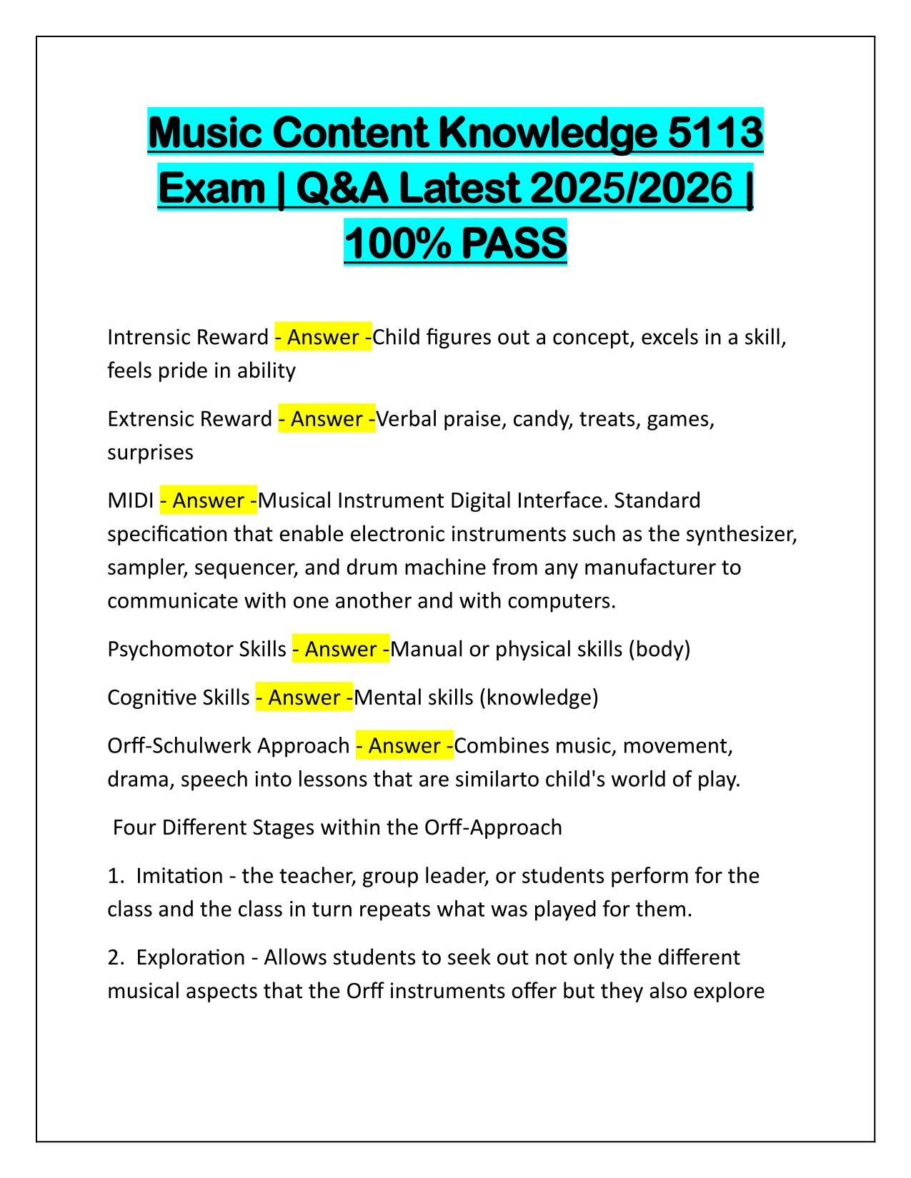 Music Content Knowledge 5113 Exam Q&A Latest Update