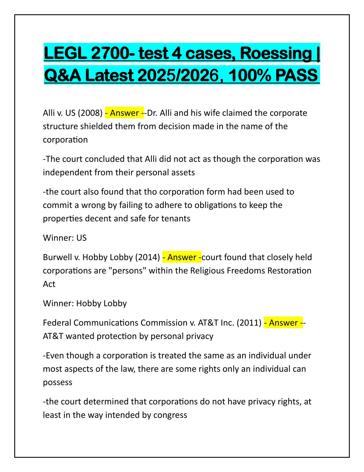 LEGL 2700- test 4 cases, Roessing with Verified Solutions 2025