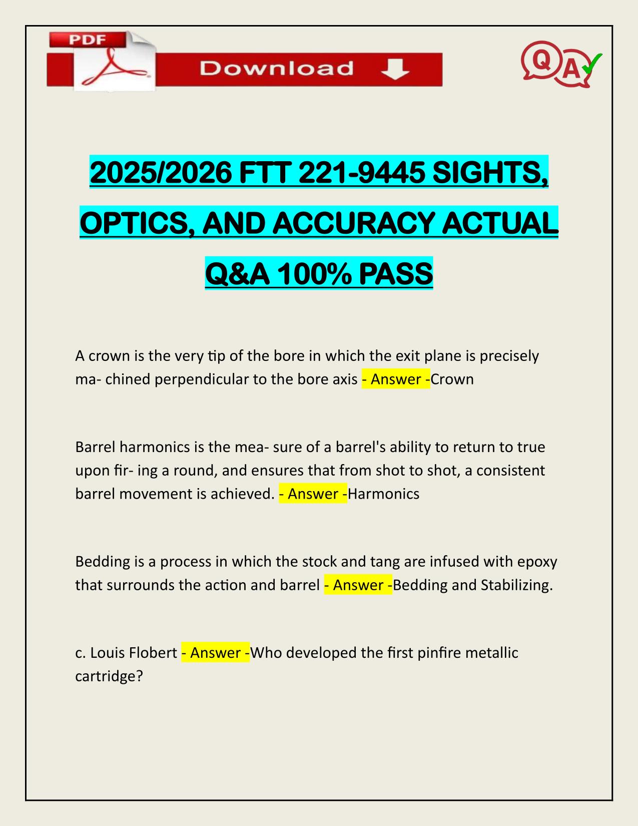 2025/2026 FTT 221-9445 SIGHTS, OPTICS, AND ACCURACY ACTUAL Q&A 100% PASS