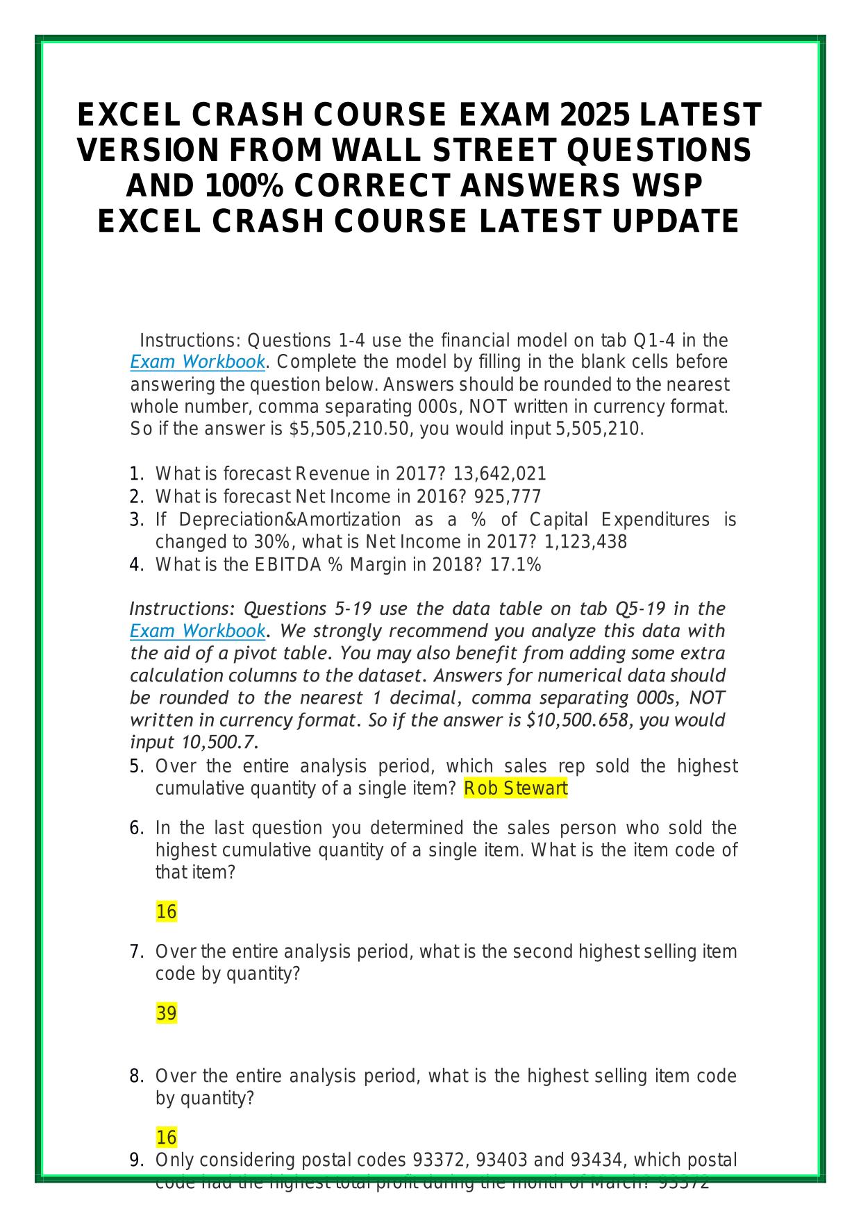 EXCEL CRASH COURSE EXAM 2025/2026 LATEST VERSION FROM WALL STREET | WSP EXCEL CRASH COURSE