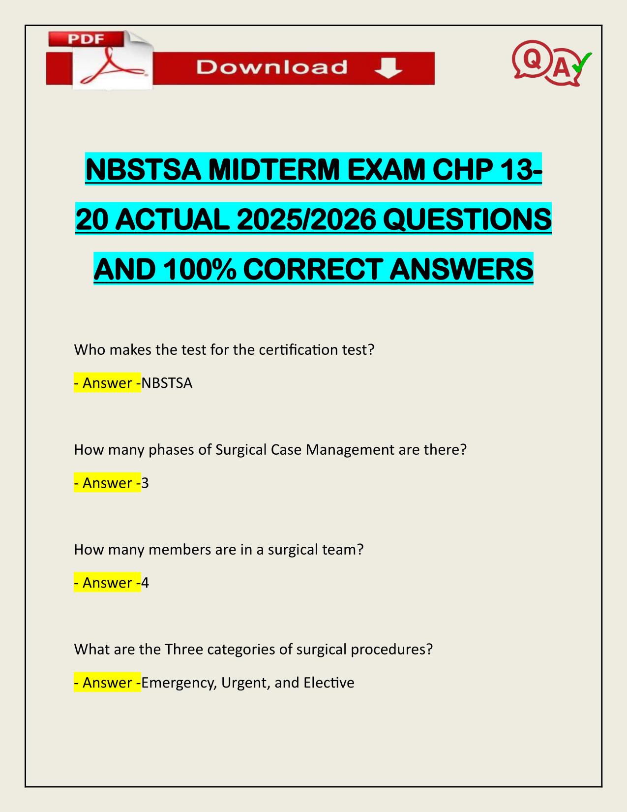 NBSTSA MIDTERM EXAM CHP 13- 20 ACTUAL 2025/2026 CORRECTLY ANSWERED