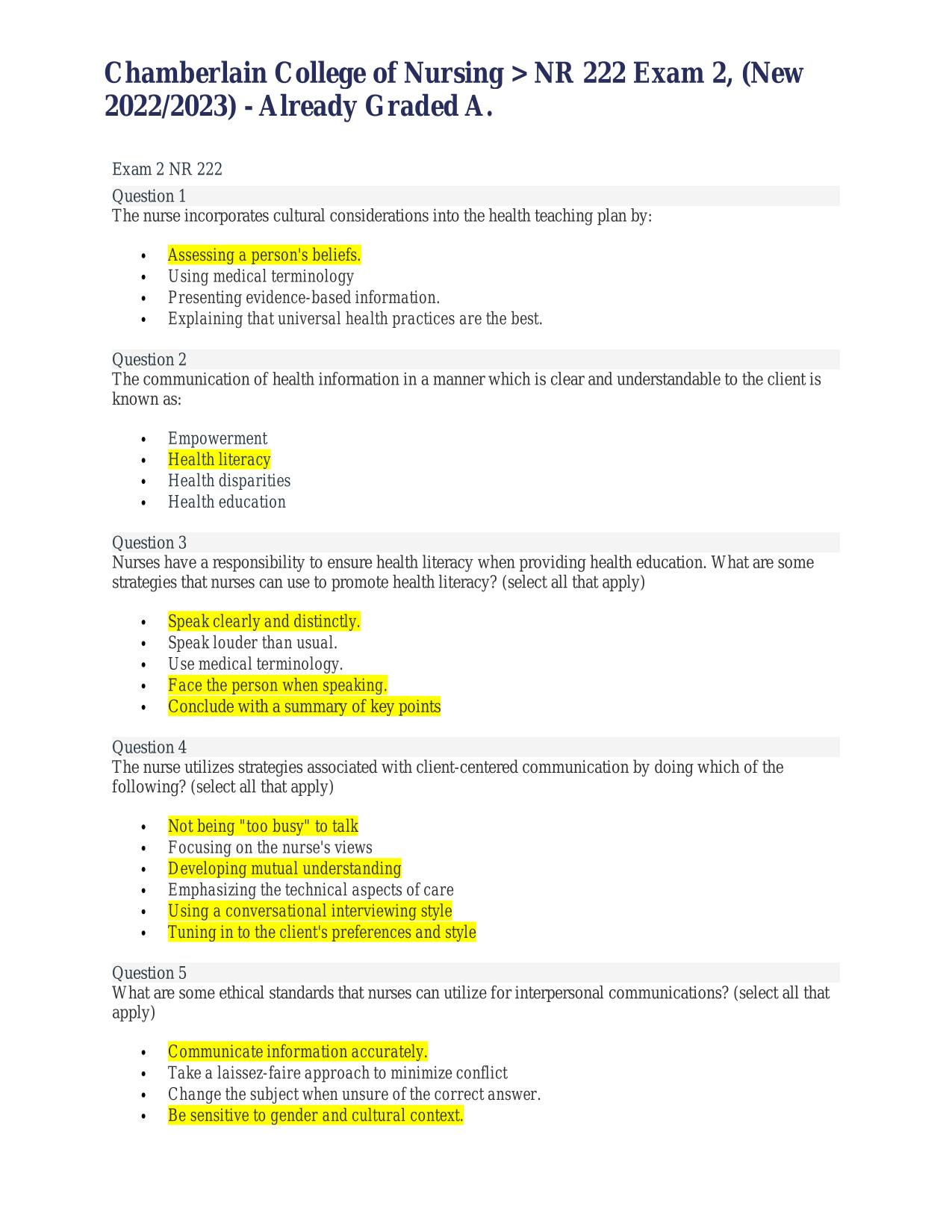 Chamberlain College of Nursing NR 222 Exam 2 actual 2025/2026 Latest Update