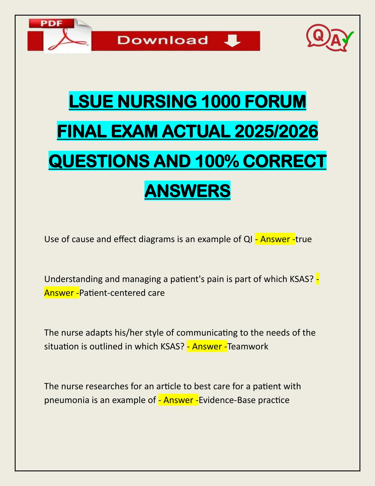 LSUE NURSING 1000 FORUM FINAL EXAM ACTUAL 2025/2026