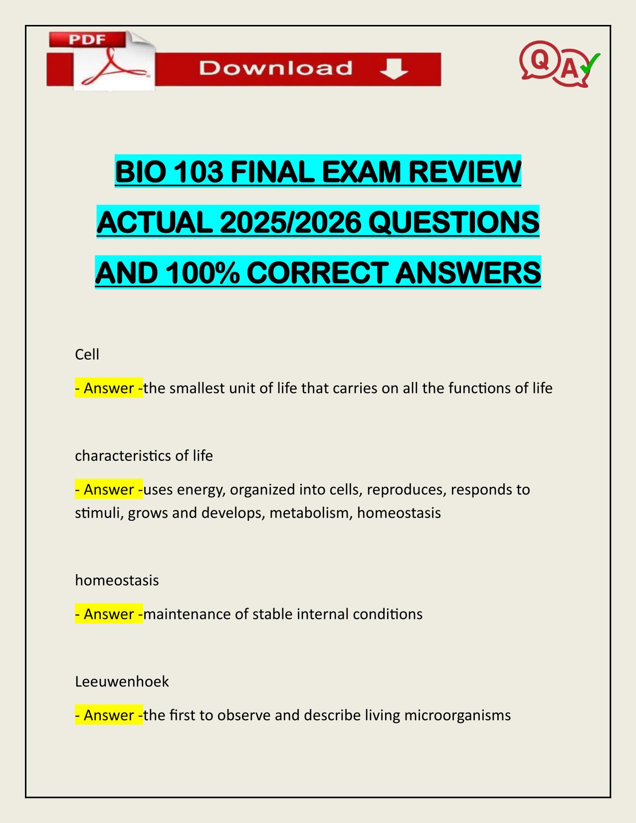 BIO 103 FINAL EXAM REVIEW ACTUAL 2025/2026 UPDATED