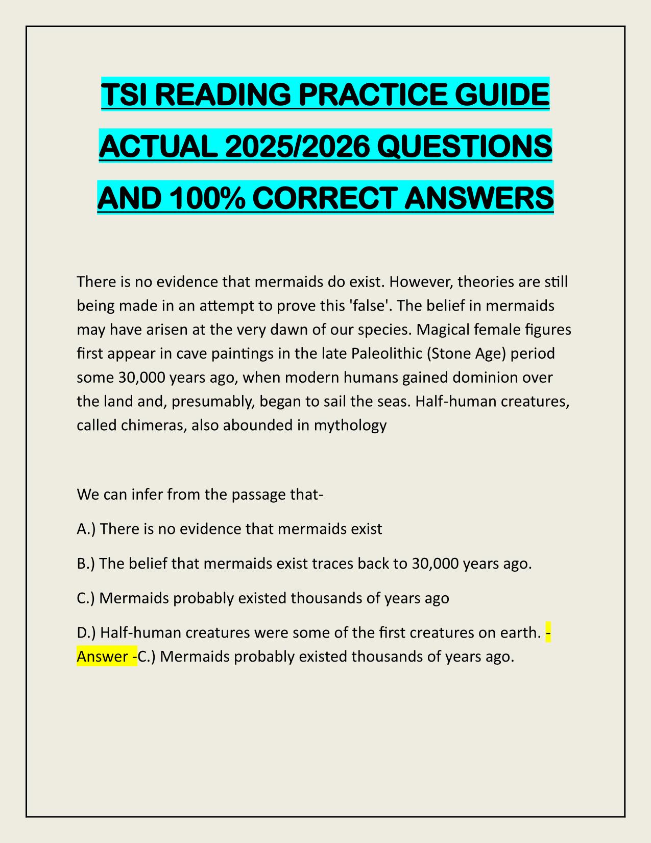 TSI READING PRACTICE GUIDE ACTUAL 2025/2026 QUESTIONS AND 100% CORRECT ANSWERS