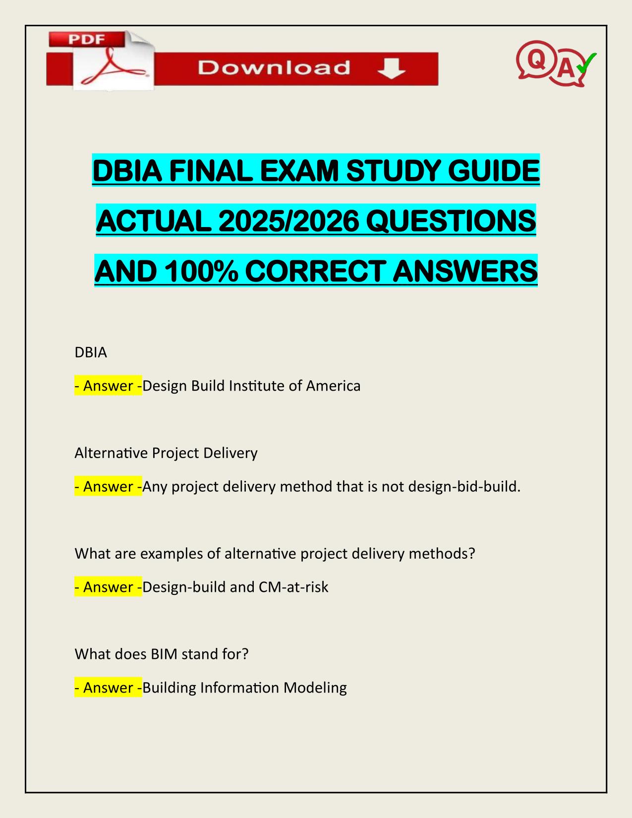 DBIA FINAL EXAM STUDY GUIDE ACTUAL 2025/2026 QUESTIONS AND 100% CORRECT ANSWERS