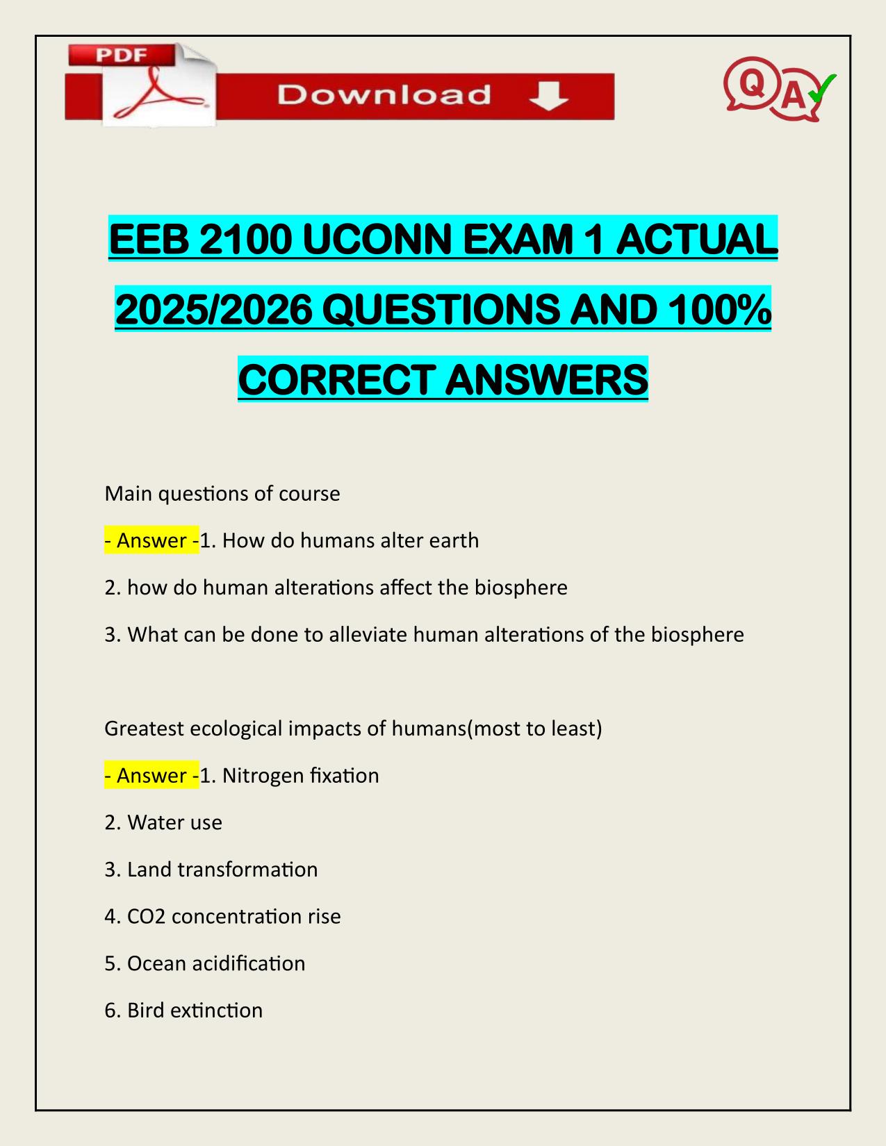 EEB 2100 UCONN EXAM 1 ACTUAL 2025/2026 WITH VERIFIED ANSWERS