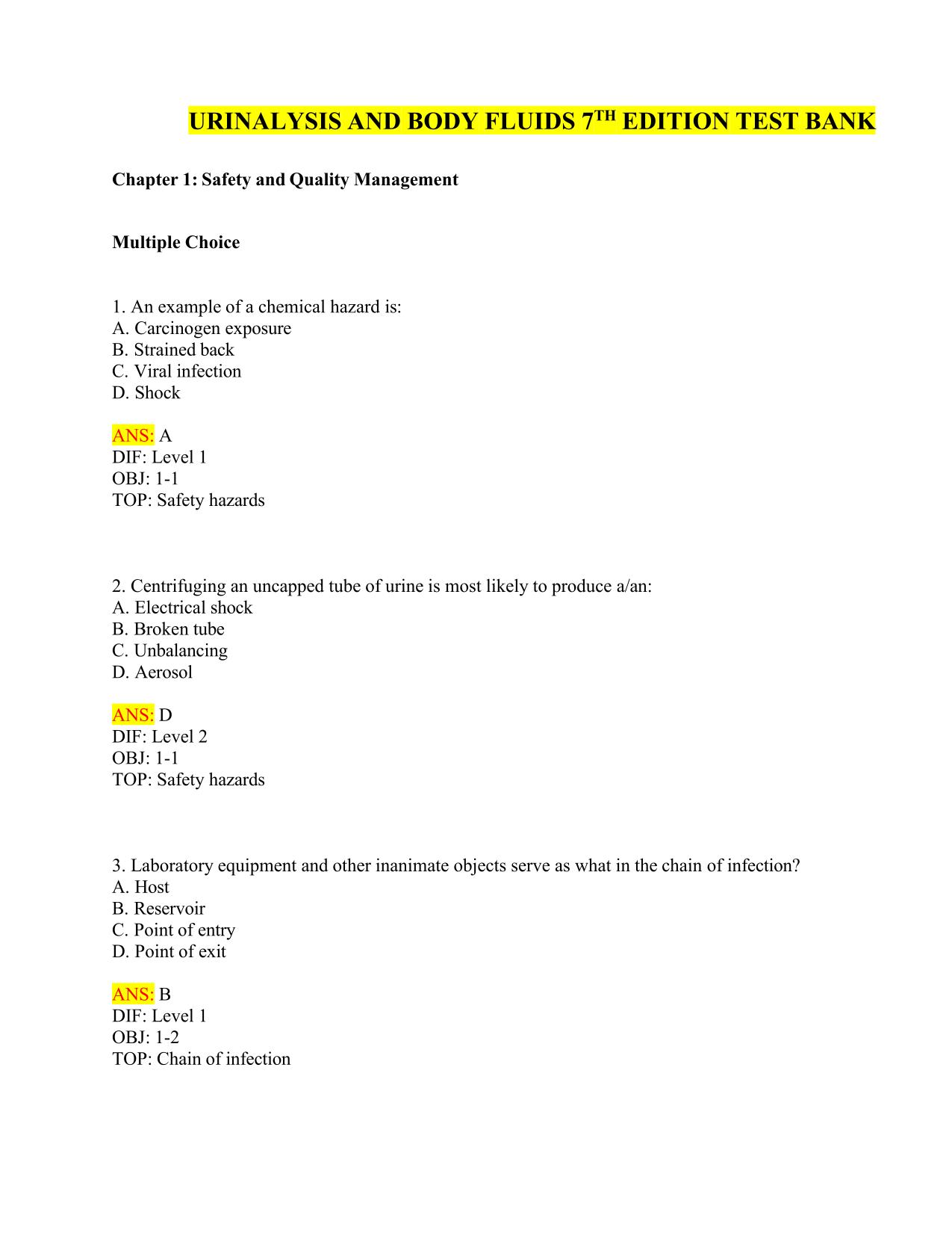 TEST BANK For Urinalysis and Body Fluids, 7th Edition by Strasinger, ISBN: 9781719645379.