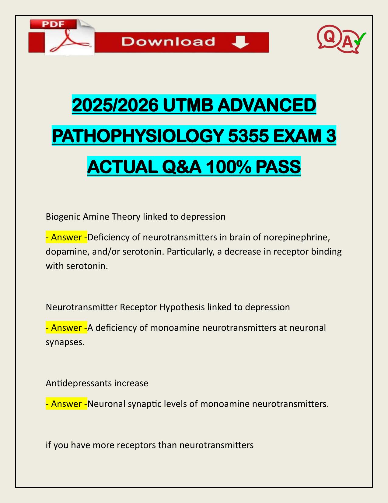 BUNDLE FOR ADVANCED PATHOPHYSIOLOGY UTMB 5355 EXAMS 1,2,3 ACTUAL 2025/2026
