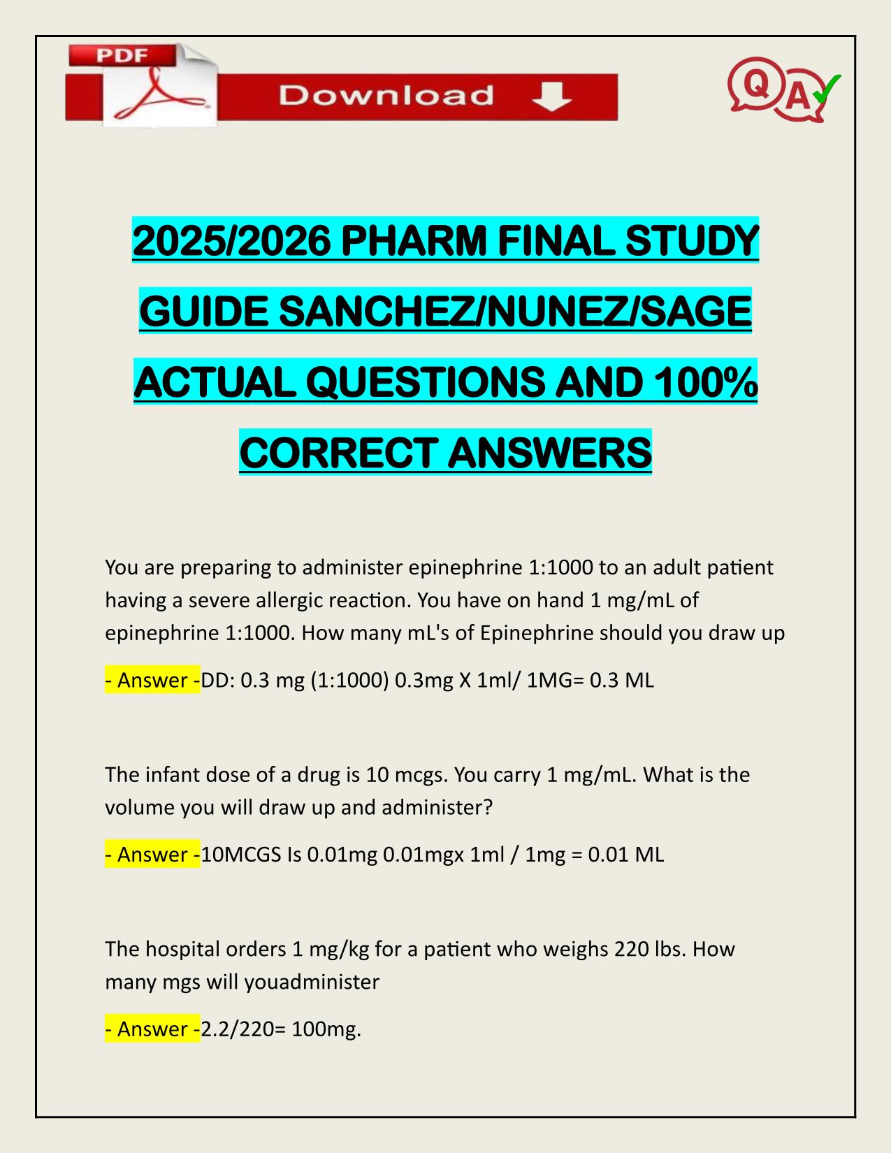 2025/2026 PHARM FINAL STUDY GUIDE SANCHEZ/NUNEZ/SAGE ACTUAL Q&A