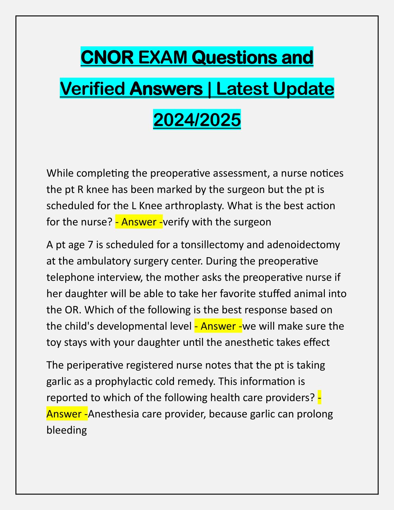 CNOR EXAM Questions and Verified Answers | Latest Update 2025/2026