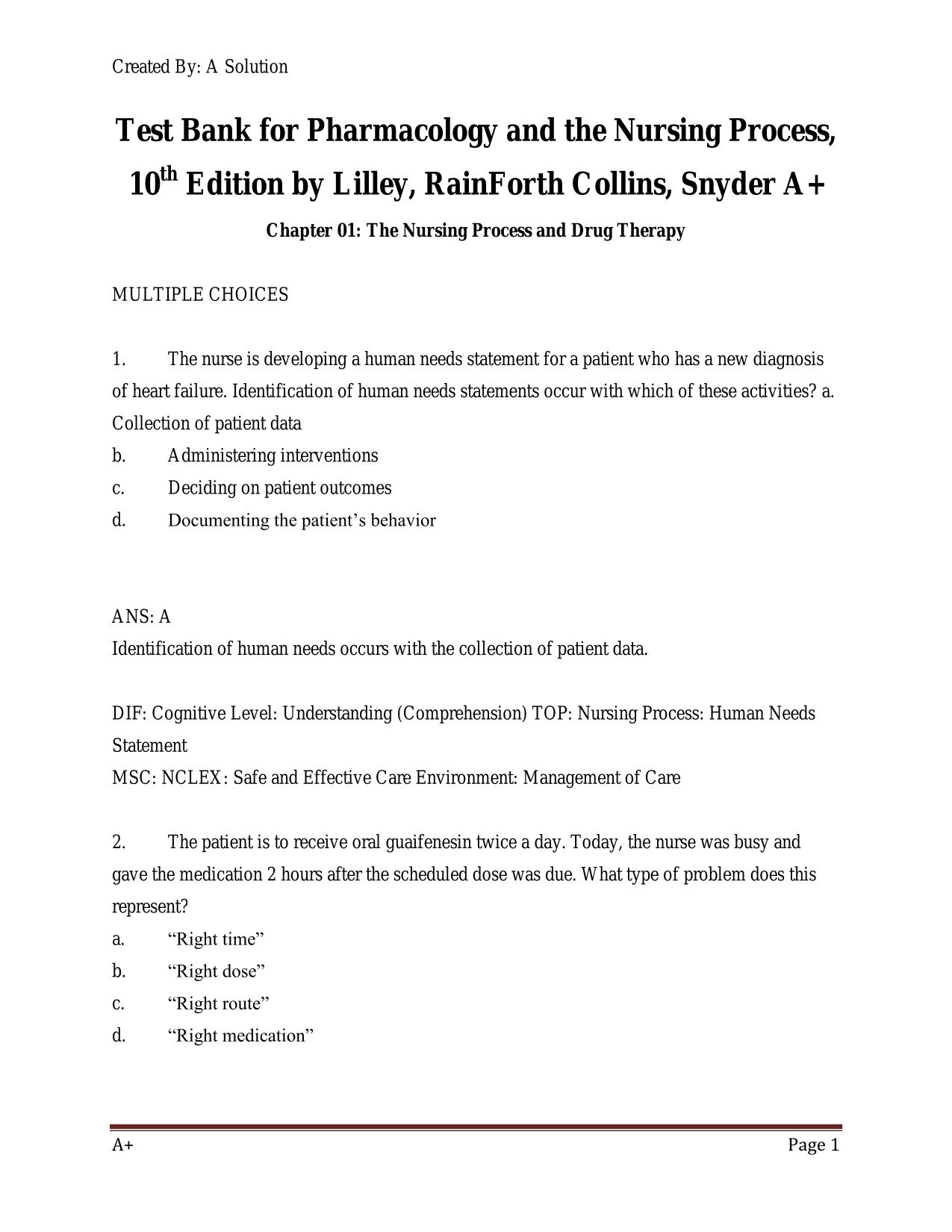 Test Bank for Pharmacology and the Nursing Process, 10th Edition by Lilley, RainForth Collins ISBN 9780323827997 Snyder A+
