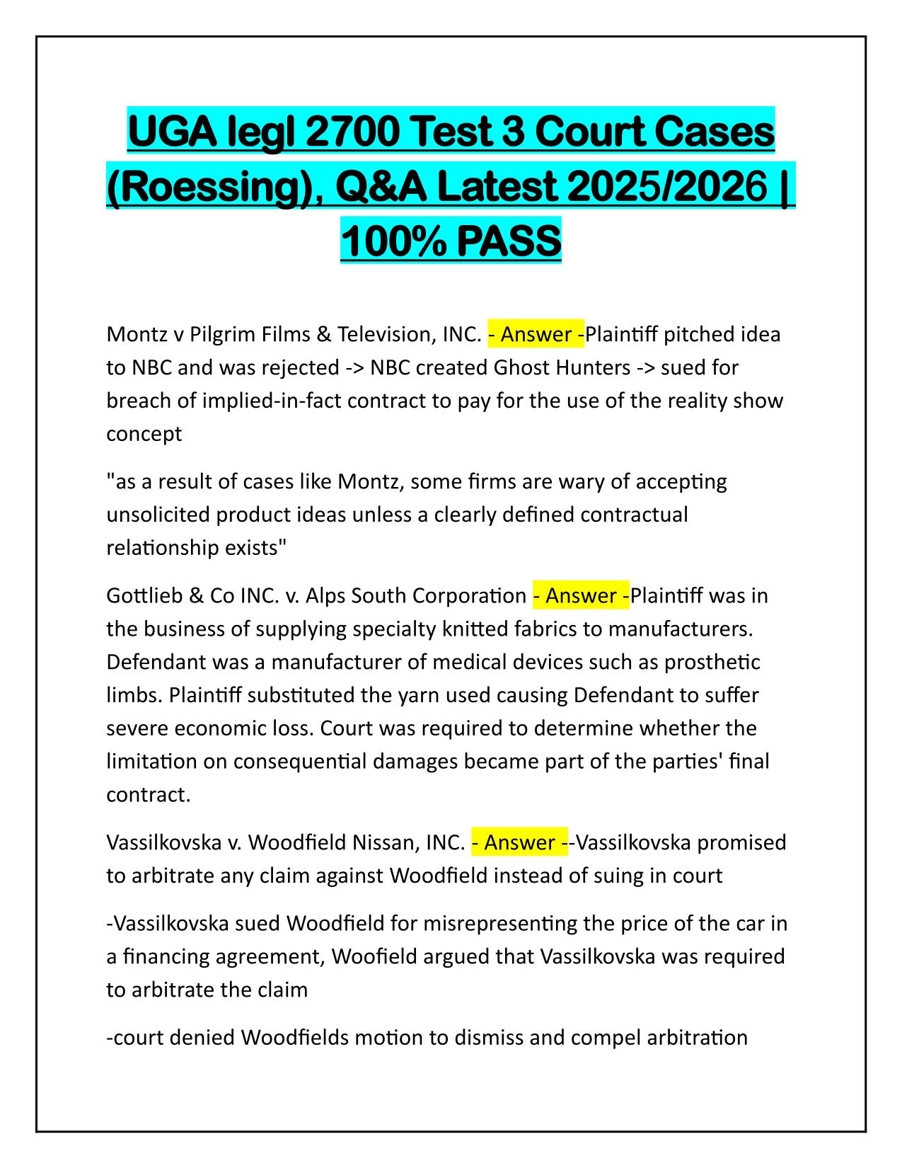UGA legl 2700 Test 3 Court Cases Roessing Q&A 2025 Update