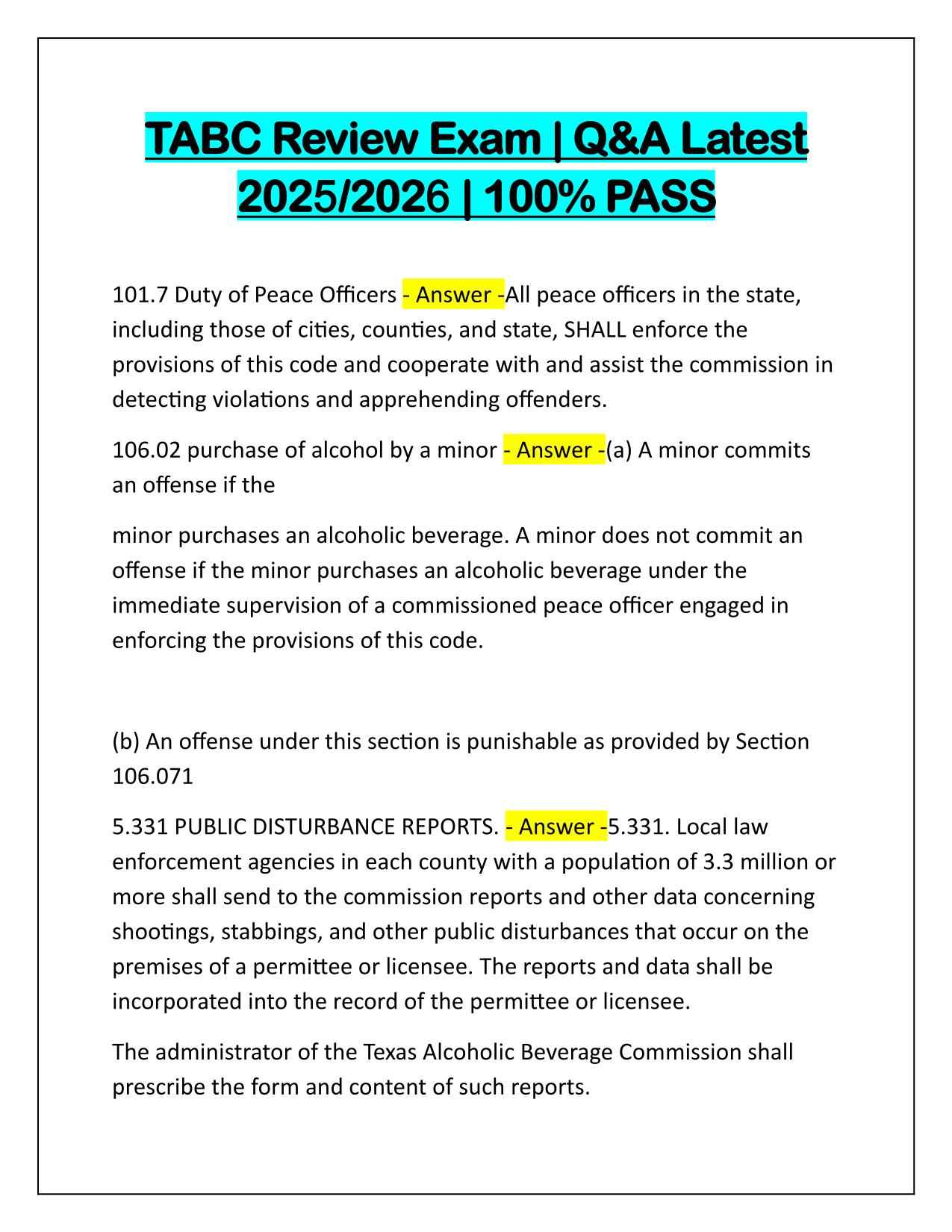 TABC Review Exam Questions and Correct Answers Latest Update