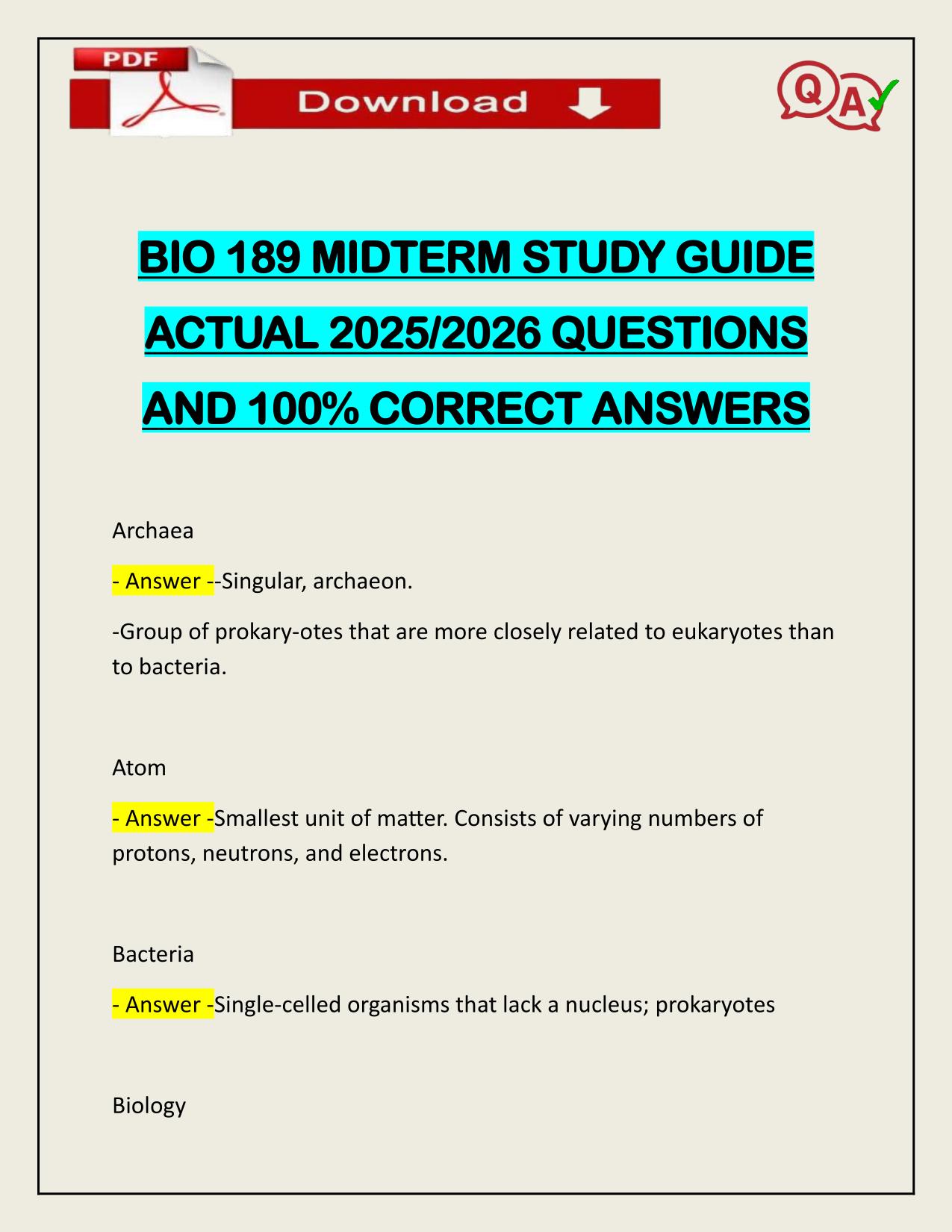 BIO 189 MIDTERM STUDY GUIDE ACTUAL 2025/2026 WITH CORRECT ANSWERS