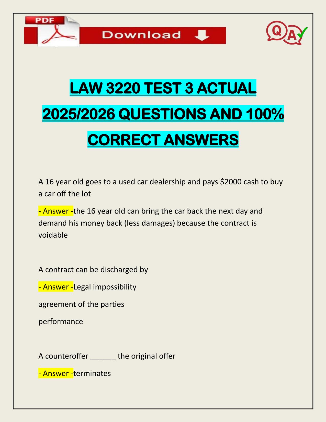 LAW 3220 TEST 3 ACTUAL 2025/2026 QUESTIONS AND 100% CORRECT ANSWERS