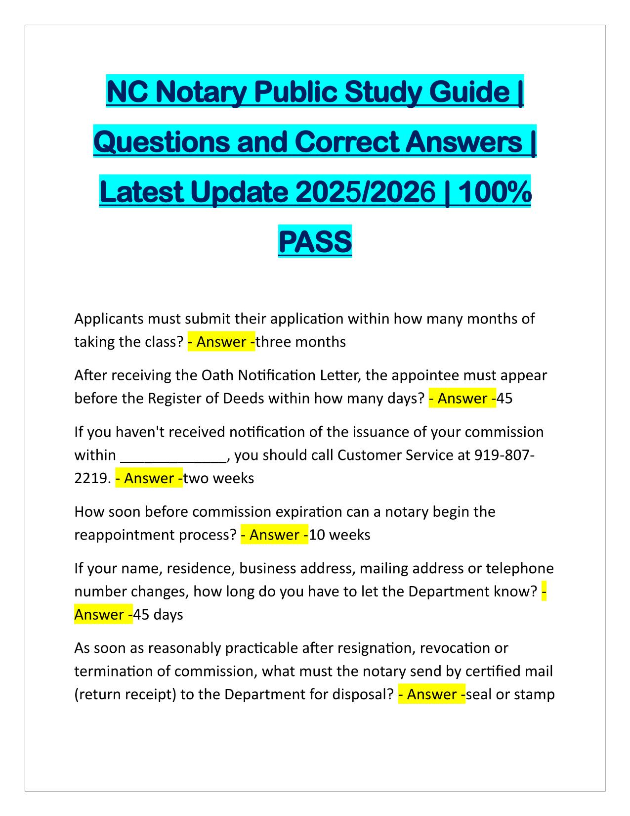 NC Notary Public Study Guide Correctly Answered