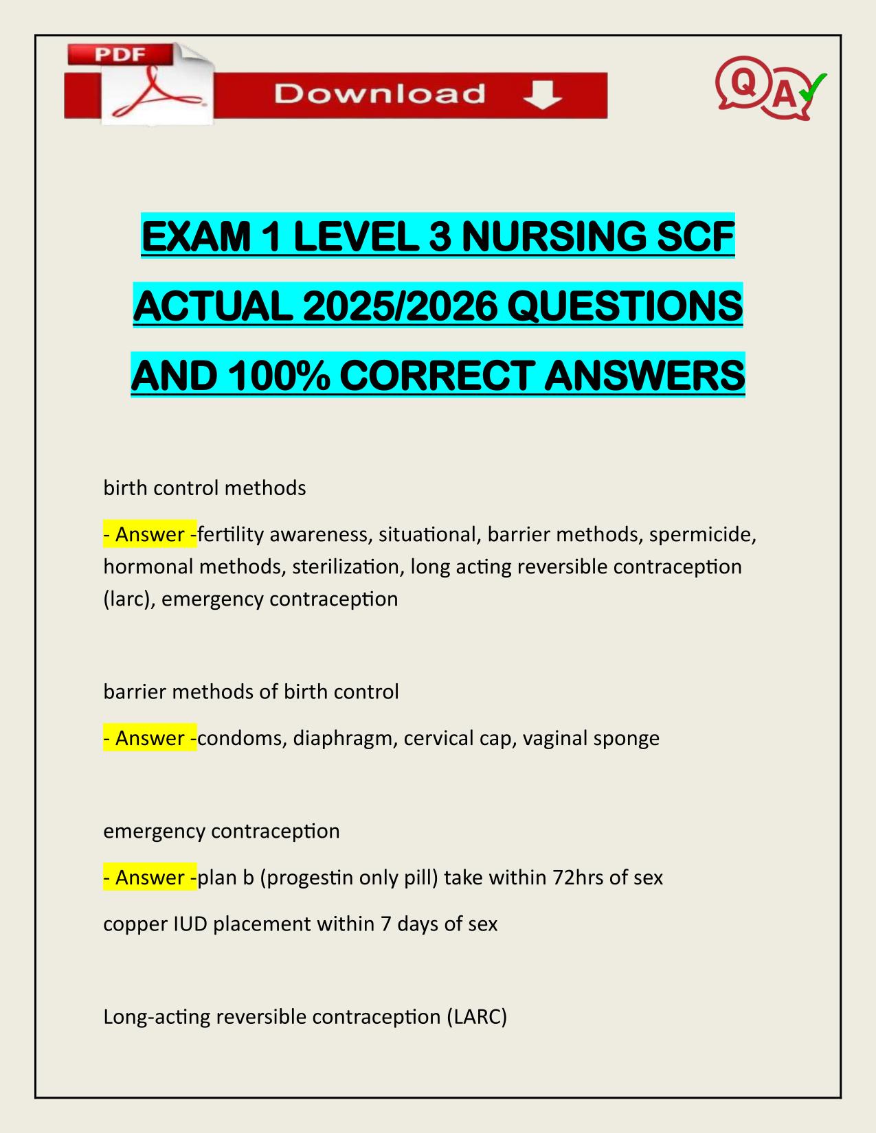 EXAM 1 LEVEL 3 NURSING SCF ACTUAL 2025/2026 UPDATED