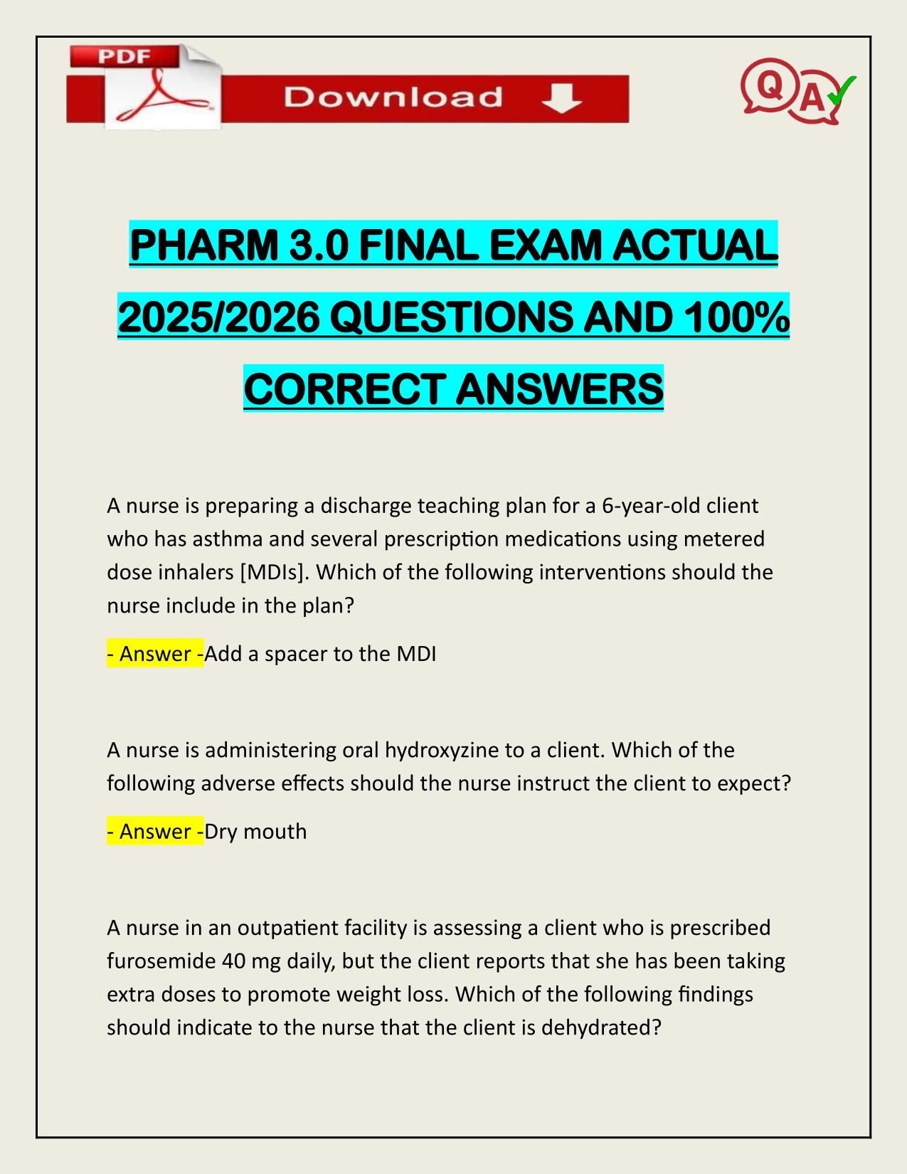 PHARM 3.0 FINAL EXAM ACTUAL 2025/2026 CORRECTLY ANSWERED