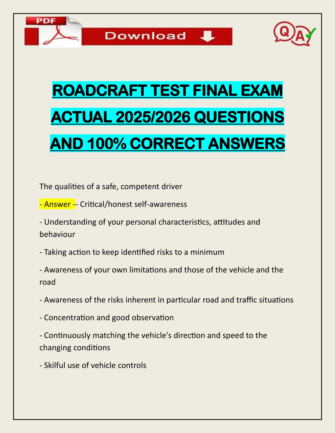 ROADCRAFT TEST FINAL EXAM ACTUAL 2025/2026 LATEST UPDATE