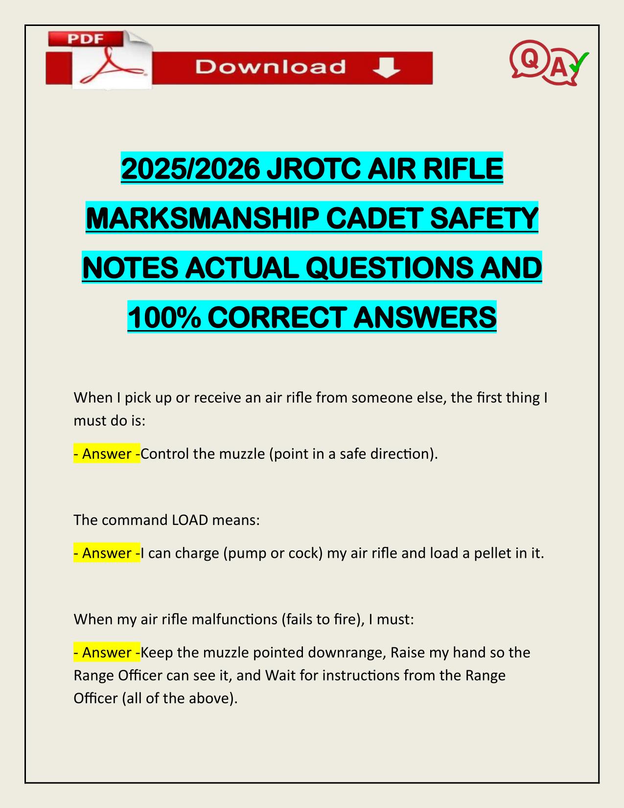 2025/2026 JROTC AIR RIFLE MARKSMANSHIP CADET SAFETY NOTES