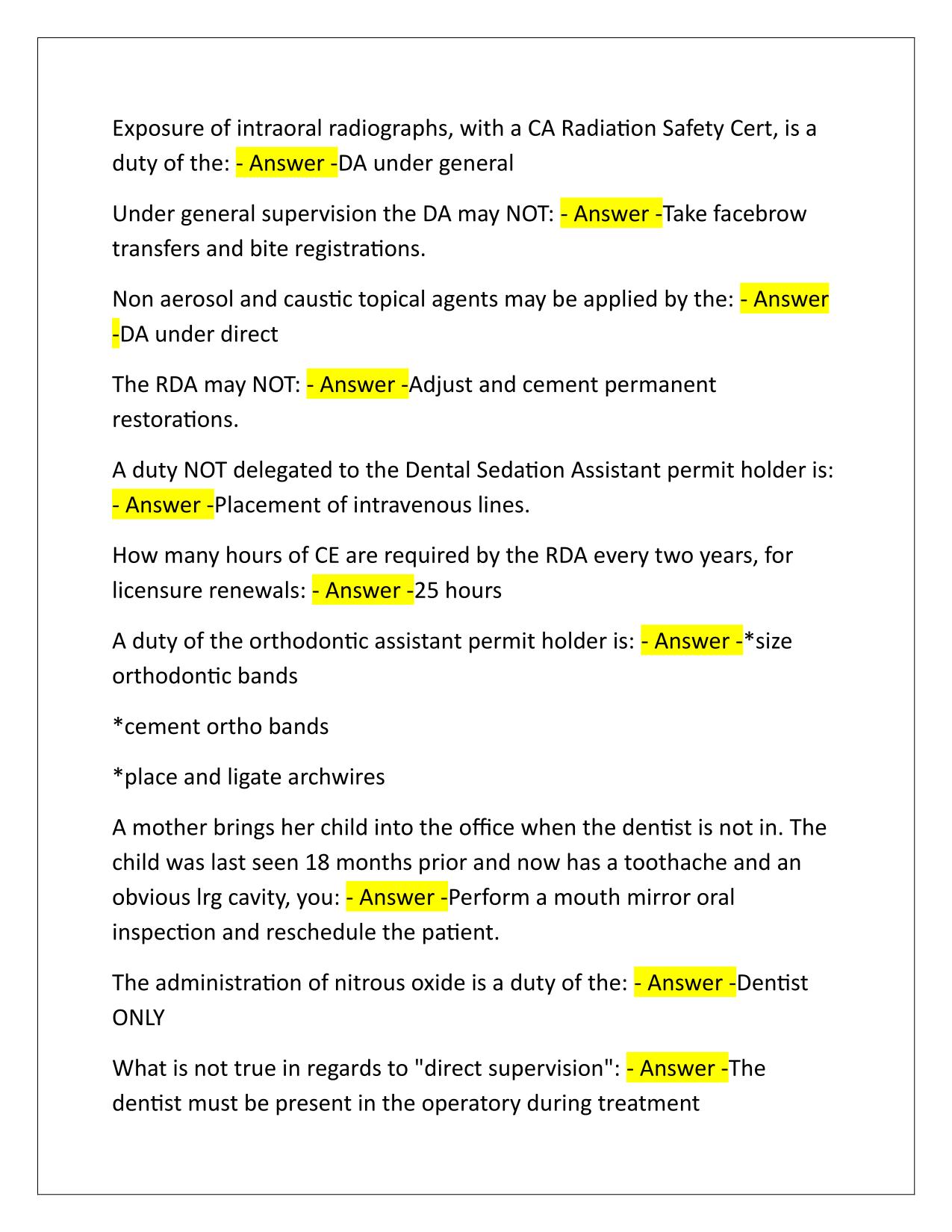 RDA WRITTEN State Board Exam set 1 Q&A Latest Update