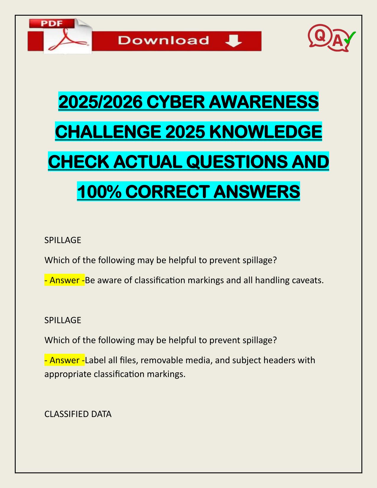 2025/2026 CYBER AWARENESS CHALLENGE 2025 KNOWLEDGE CHECK ACTUAL Q&A