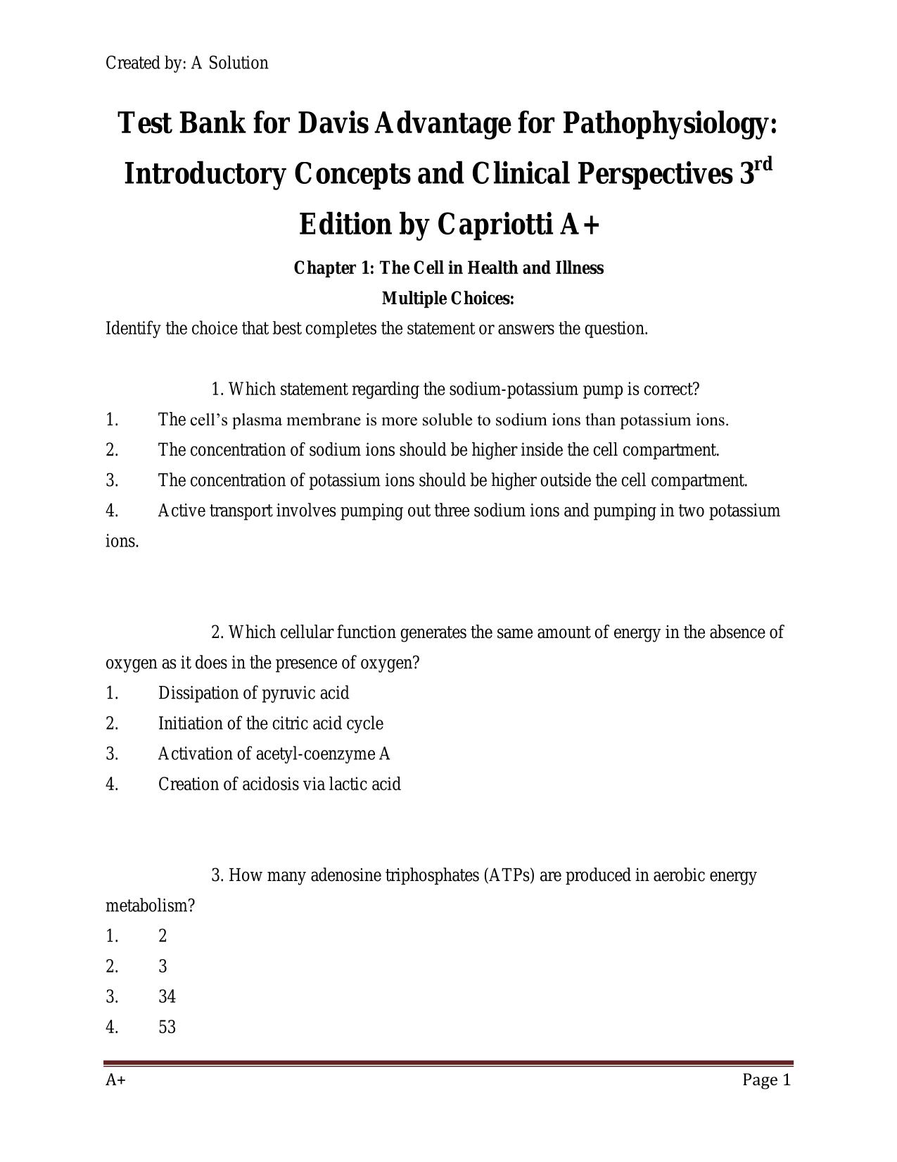 Test Bank for Davis Advantage for Pathophysiology ISBN: 9781719648592 3RD ED Introductory Concepts and Clinical Perspectives