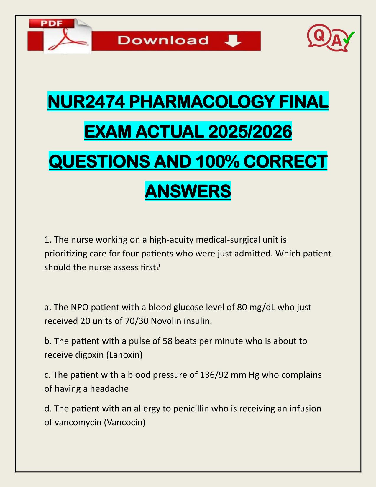 NUR2474 PHARMACOLOGY FINAL EXAM ACTUAL 2025/2026