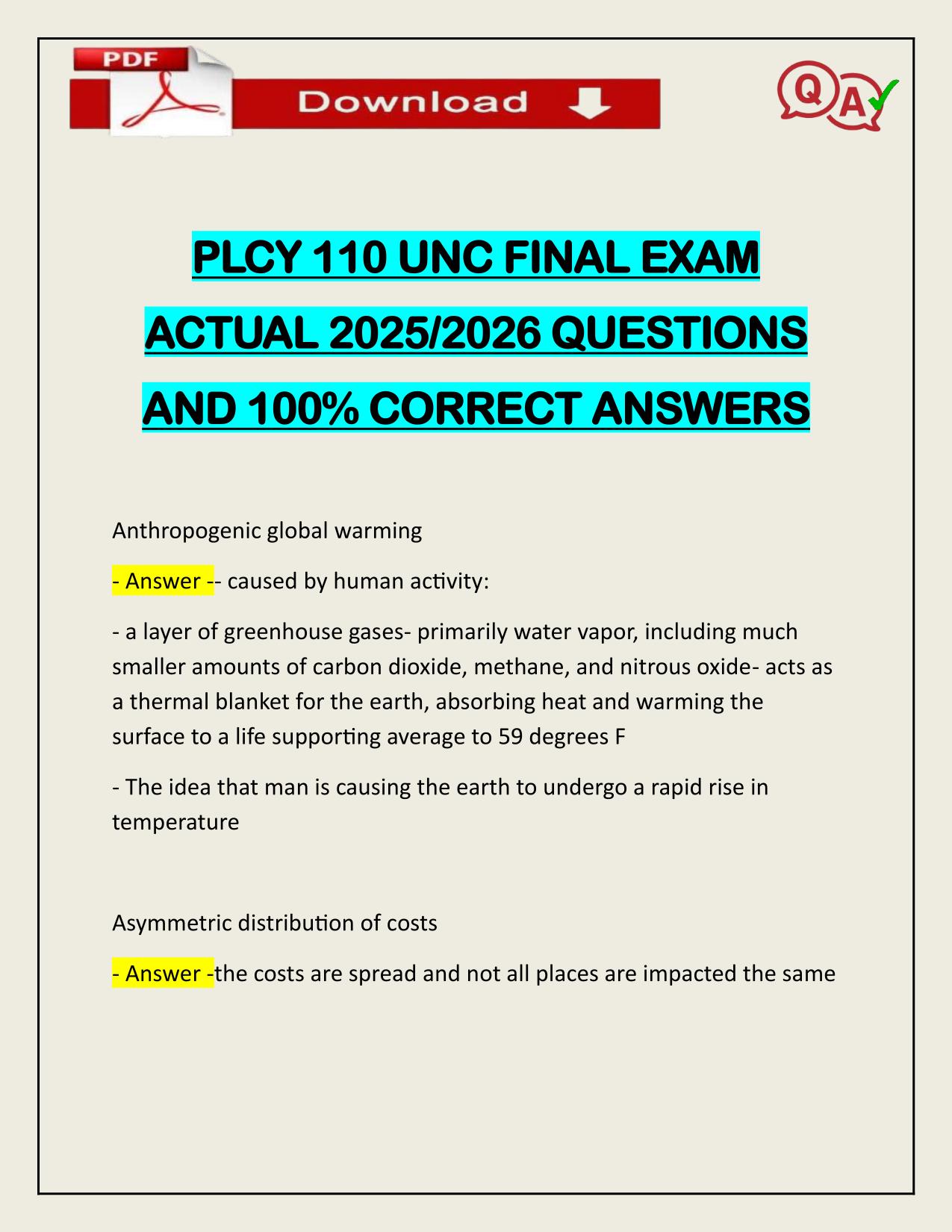 PLCY 110 UNC FINAL EXAM ACTUAL 2025/2026 UPDATED