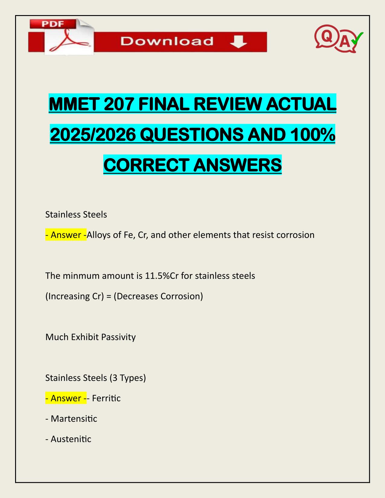 MMET 207 FINAL REVIEW ACTUAL 2025/2026 Q&A