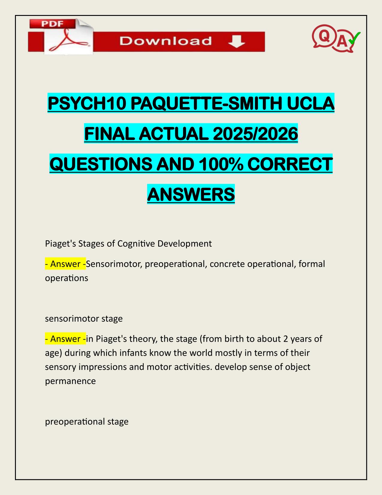 PSYCH10 PAQUETTE-SMITH UCLA FINAL ACTUAL 2025/2026 QUESTIONS AND 100% CORRECT ANSWERS